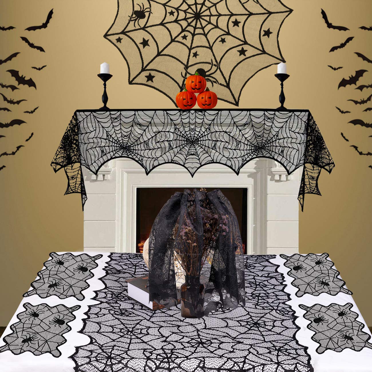 Sunnyglade 8 Pack Halloween Spider Cobweb Lace Tablecloth Set,Fireplace Mantel Scarf & Lace Table Runner & Round Table Cover & S