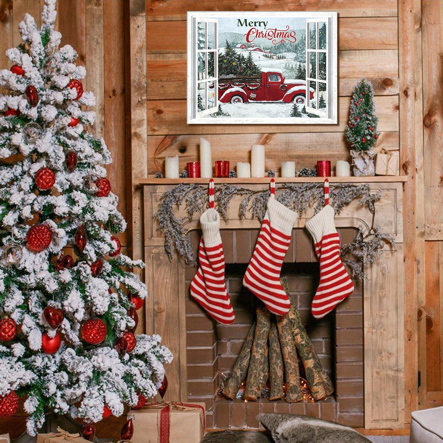 KAIRNE Merry Christmas Truck Canvas Decor, 12x16 inch Rustic Wall Art, Wood Material, Winter Snow Sign for Festive Home Decoration