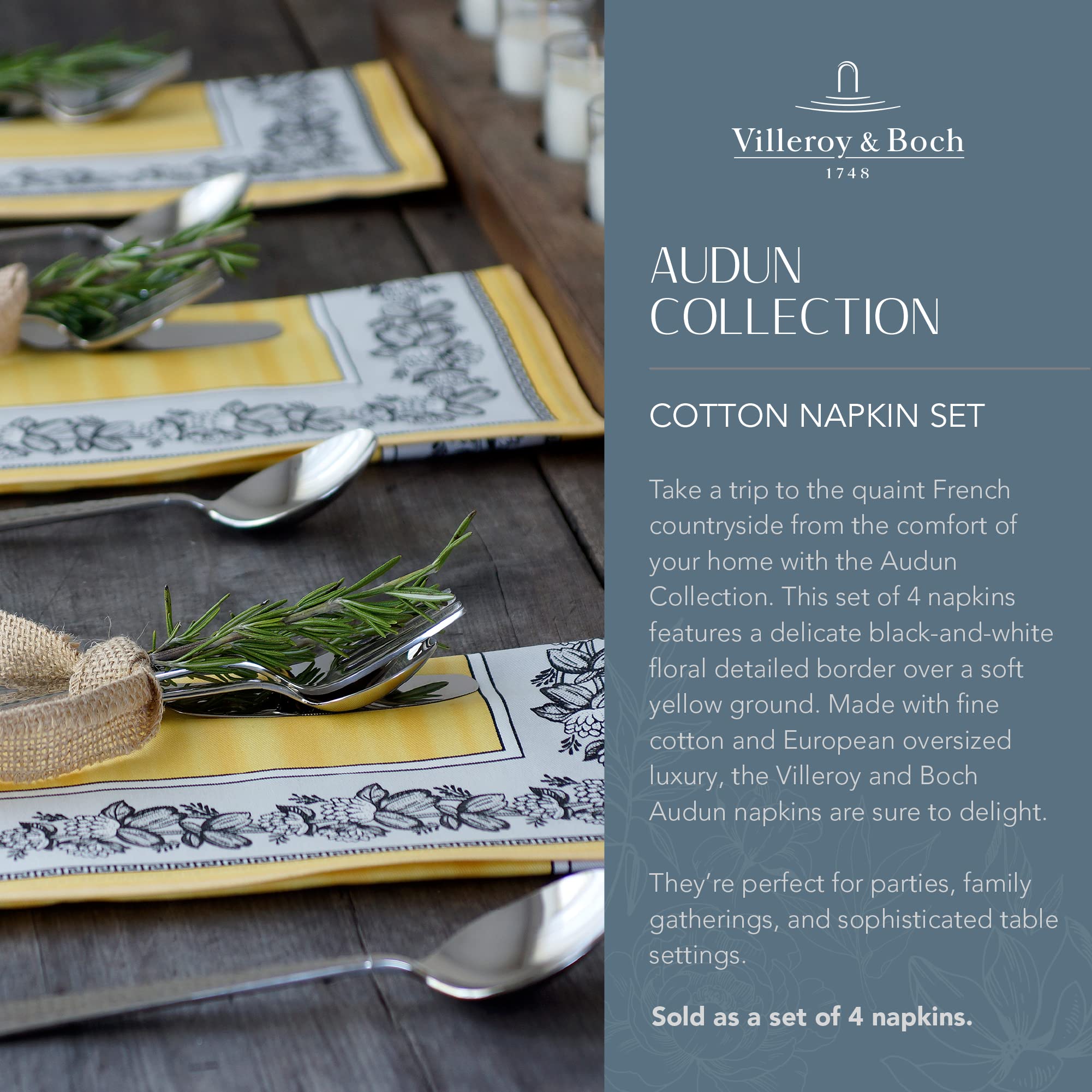 Villeroy And Boch Audun Oversized Cotton Fabric Napkins, 21 Inches By 21 Inches, Set Of 4