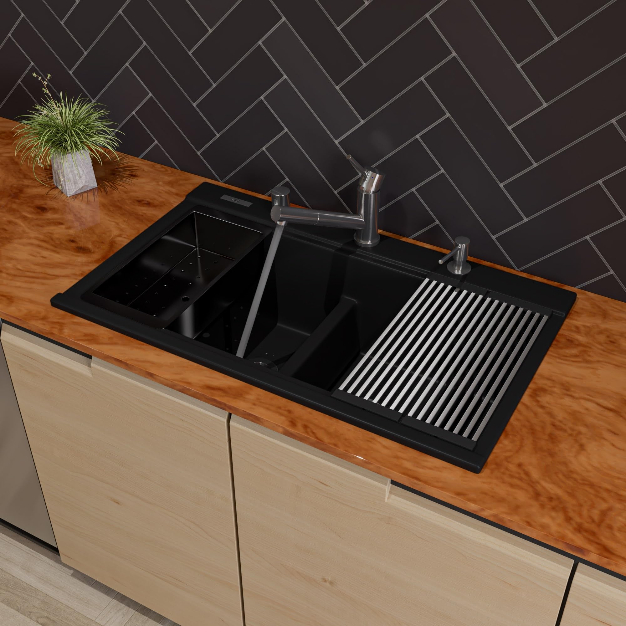 Alfi Brand Ab3418Dbdi-Bla Black 33'' Granite Composite Workstation Step Rim Double Bowl Drop In Sink With Accessories