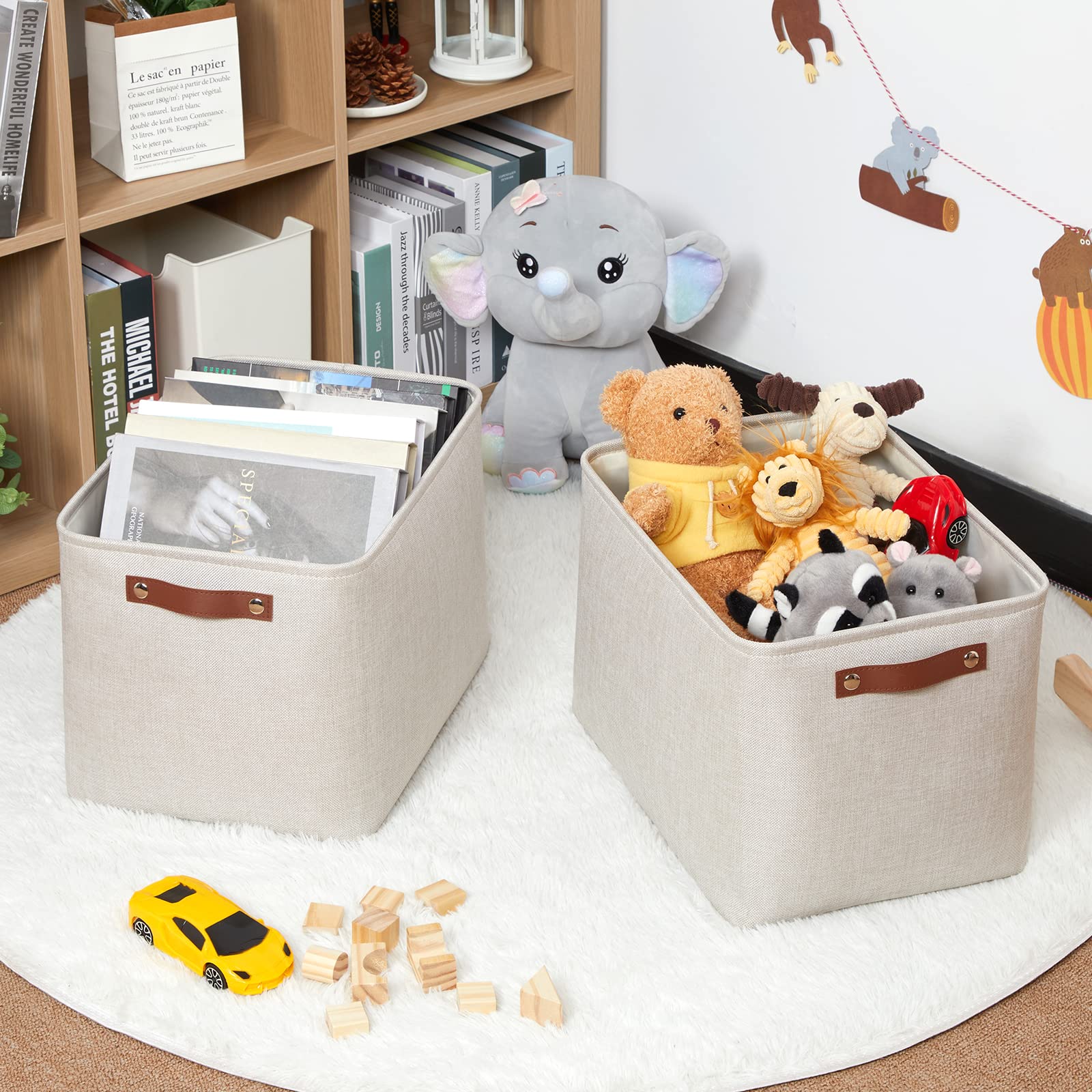 Hnzige Large Canvas Baskets 16 ''  11.8 ''  11.8 '' Decorative Storage Bins With Leather Handles (2 Pack) Collapsible Rectangle