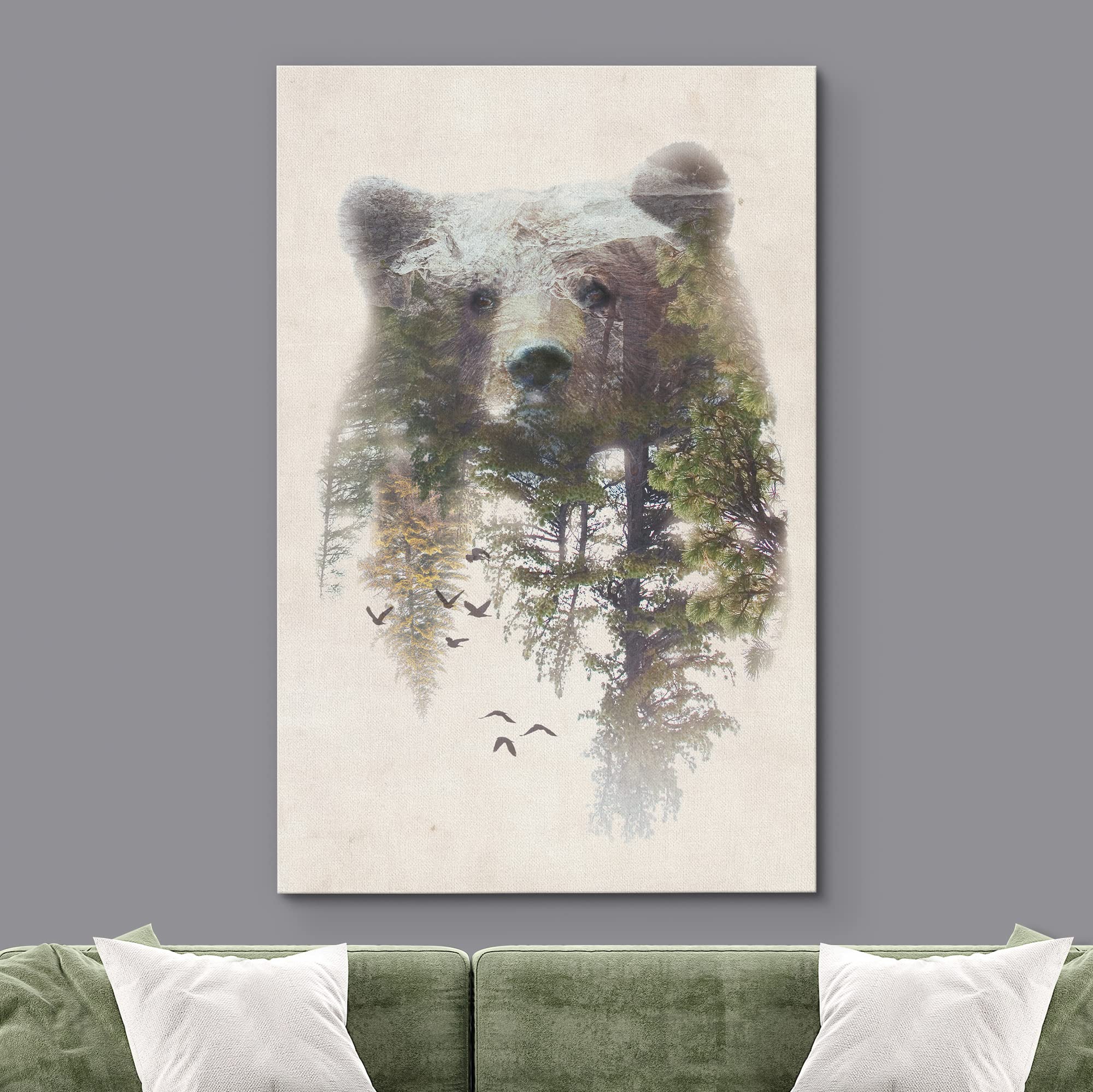 Signwin Canvas Wall Art Bear And Spring Forest Double Exposure Photography Animals Wildlife Digital Art Modern Art Rustic Portra