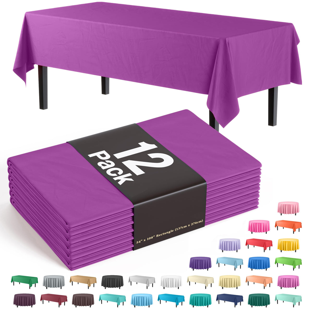 Exquisite 12-Pack Premium Plastic Tablecloth 54In. X 108In. Rectangle Table Cover - Magenta