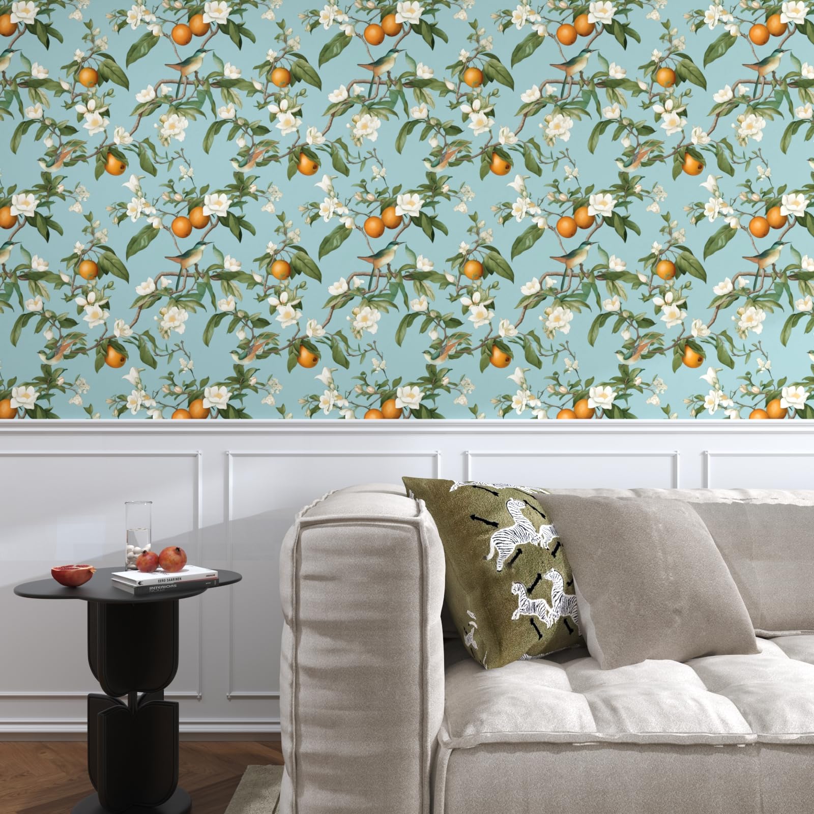 Blue Floral Wallpaper Peel And Stick, Vintage Bird Leaf Fruit Contact Paper, Self Adhesive Removable Retro Wall Mural Wall Paper