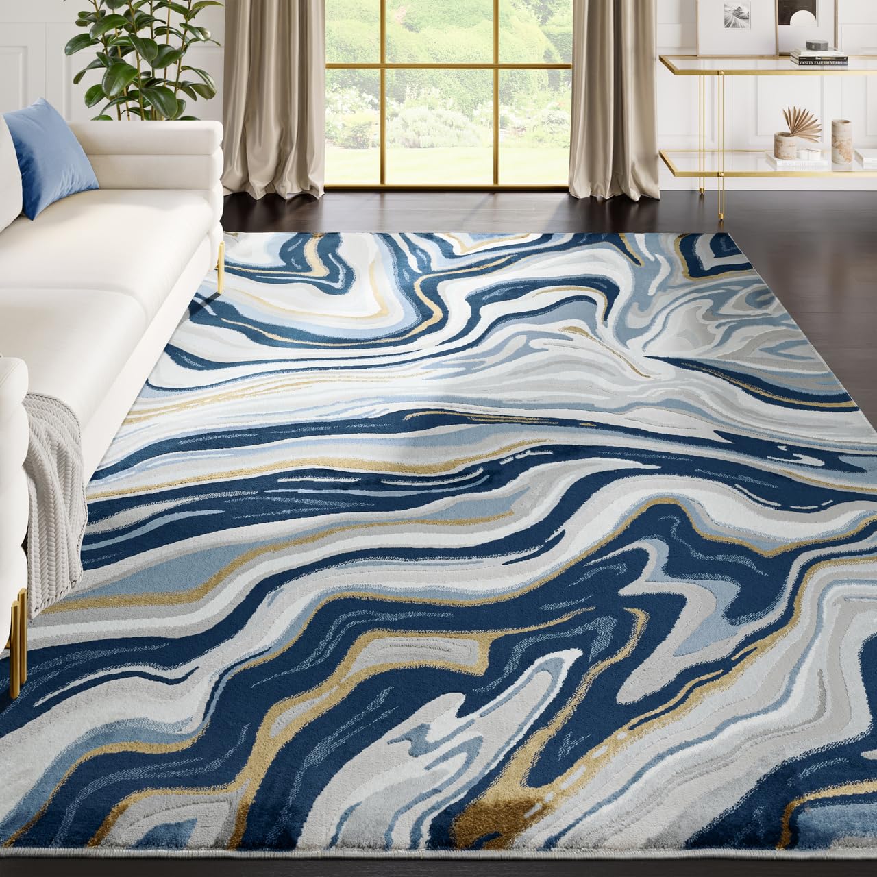 Abani Regal Collection Area Rug - Blue/Grey Abstract Wavy Design - 8 x 10 - Easy to Clean - Durable for Kids and Pets - Non-Sh