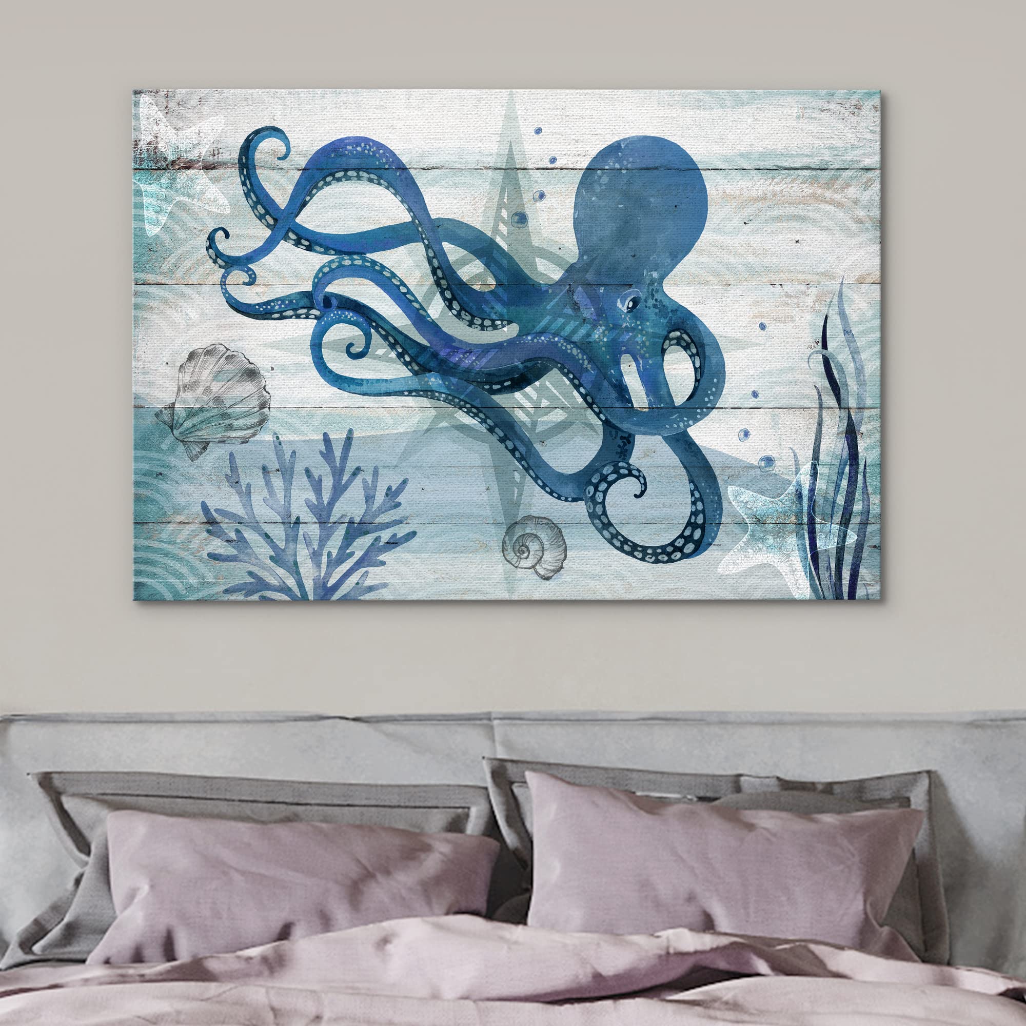 Nwt Canvas Print Wall Art Octopus Under The Sea With Shells Amphibians Beach Illustrations Modern Art Nautical Scenic Relax/Calm