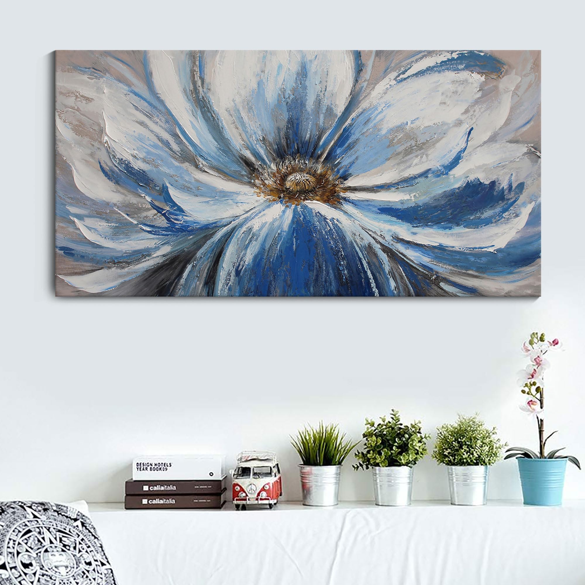 Flower Canvas Wall Art for Living Room Large White Blue Flower Picture Giclee Print Painting Wall Decor Framed Artwork Ready to Hang for Home Bedroom Wall Decoration Size 24x48