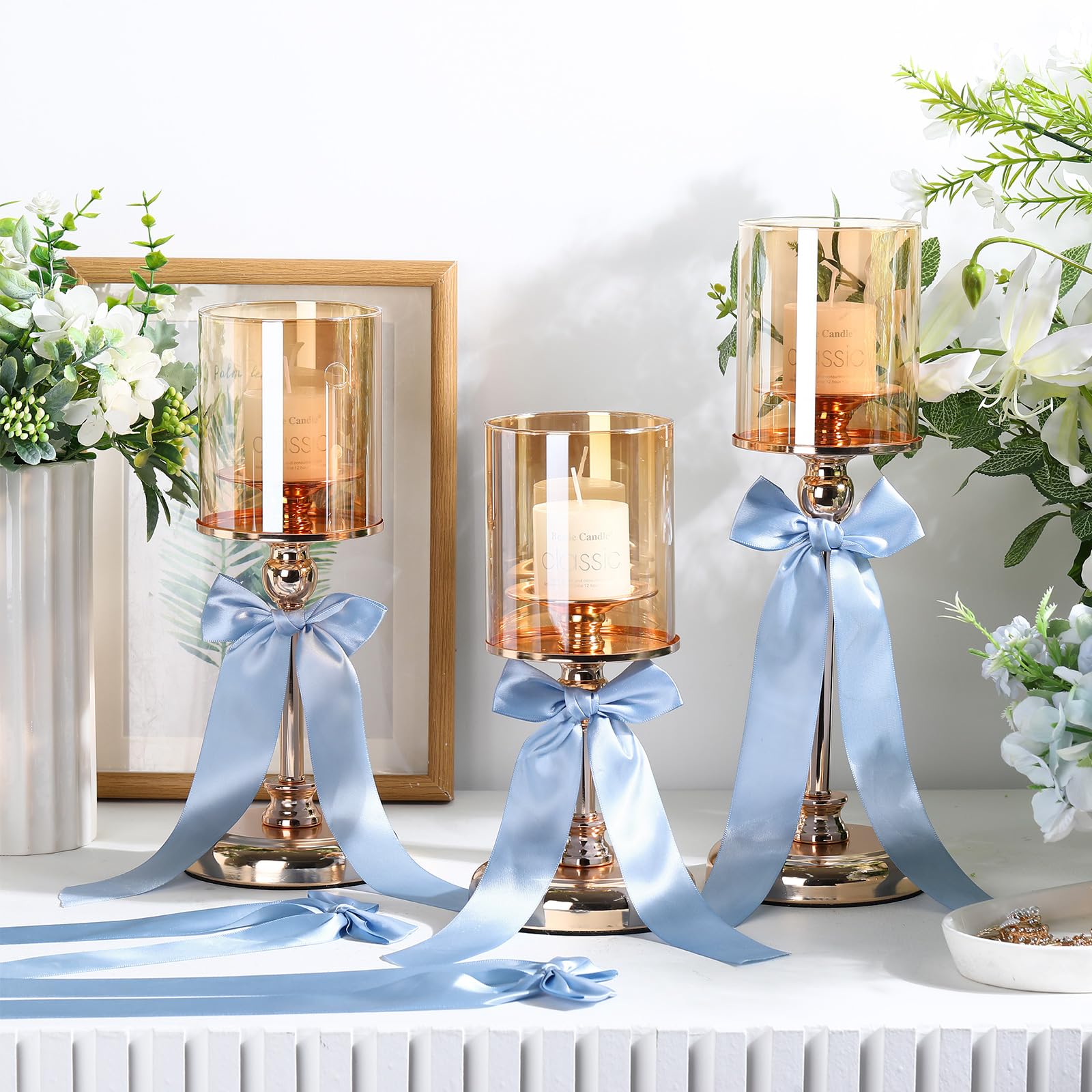 Teenyyou 12 Pcs Dusty Blue Candlestick Bows Decor 13 Inch Large Coquette Decorations Bows for Table Self Adhesive Candle Holder