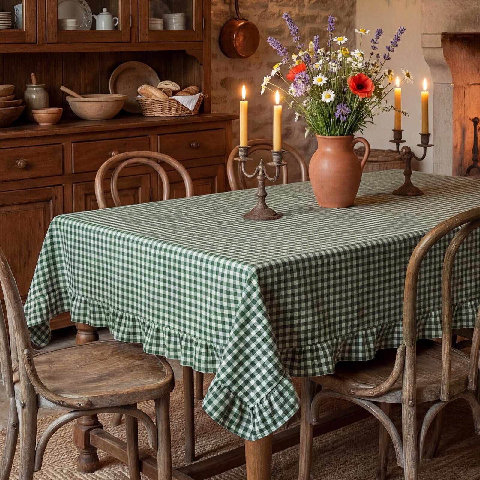 Mindsoft Green Gingham Ruffled Tablecloth 70 x 52 Inches Rectangle Cotton Linen Checkered Table Cloth Buffalo Plaid Farmhouse Vi