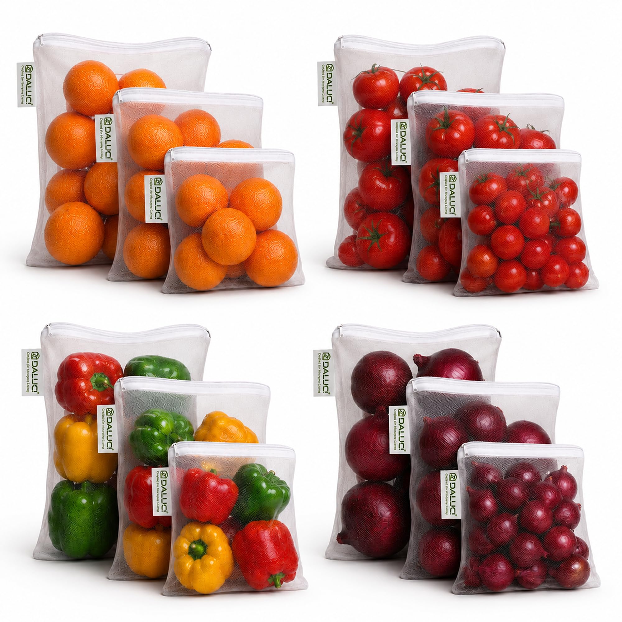 Daluci Vegetable Bags For Fridge Set Of 12 Reusable Fridge Storage Bags For Vegetables And Fruits With Zipper Dual Layer Mesh Ve