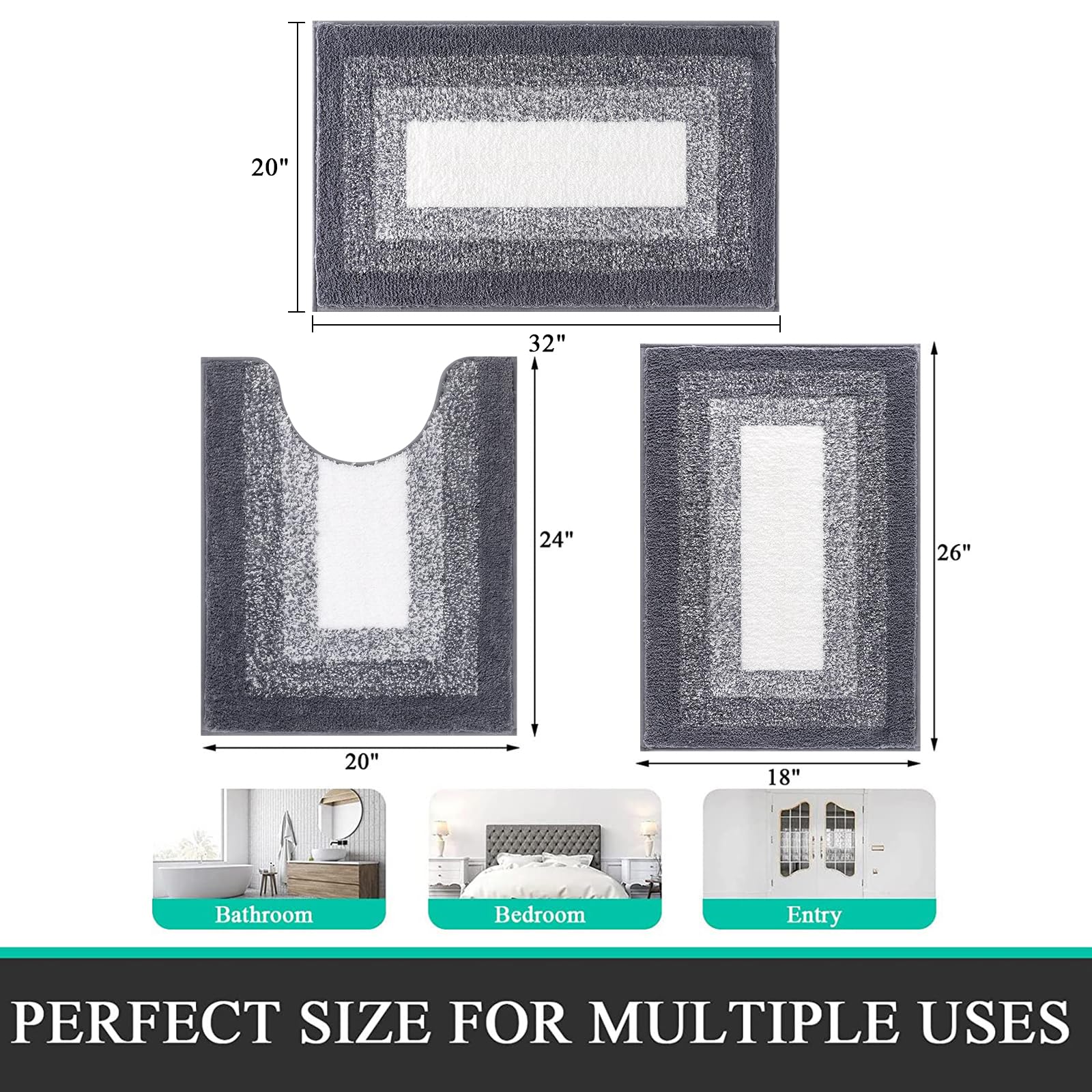 Bsmathom Bathroom Rugs Sets 3 Piece  Non-Slip Shaggy Absorbent Bath Mat Set  Machine Washable Microfiber Bathroom Mats with U-Shaped Contour Toilet Mat for Bathtub  Toilet  Dark Grey