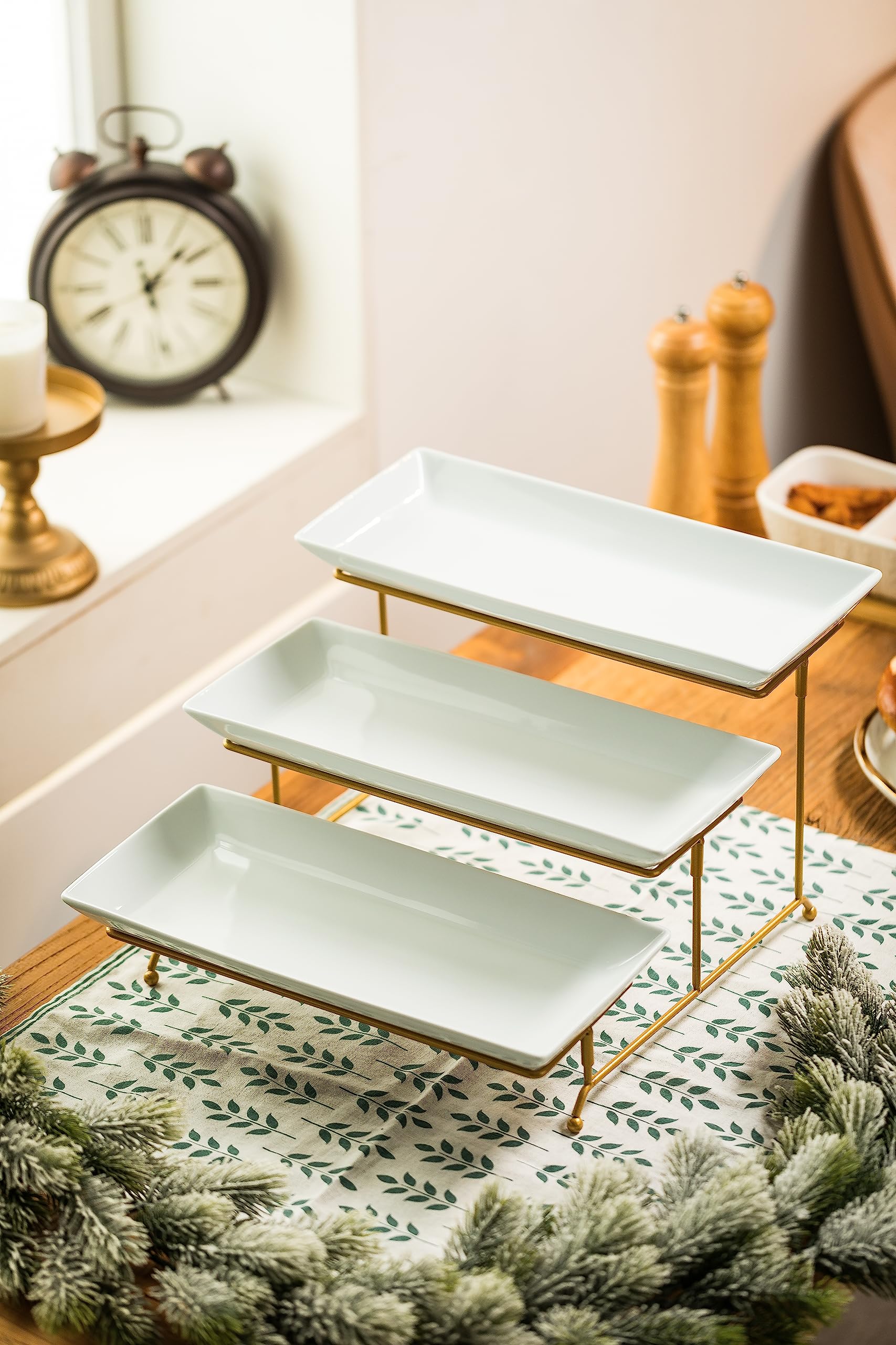 Lauchuh Large 3 Tier Serving Stand Tiered Serving Trays Collapsible Sturdier Rack With 3 Porcelain Serving Platters For Fruit De