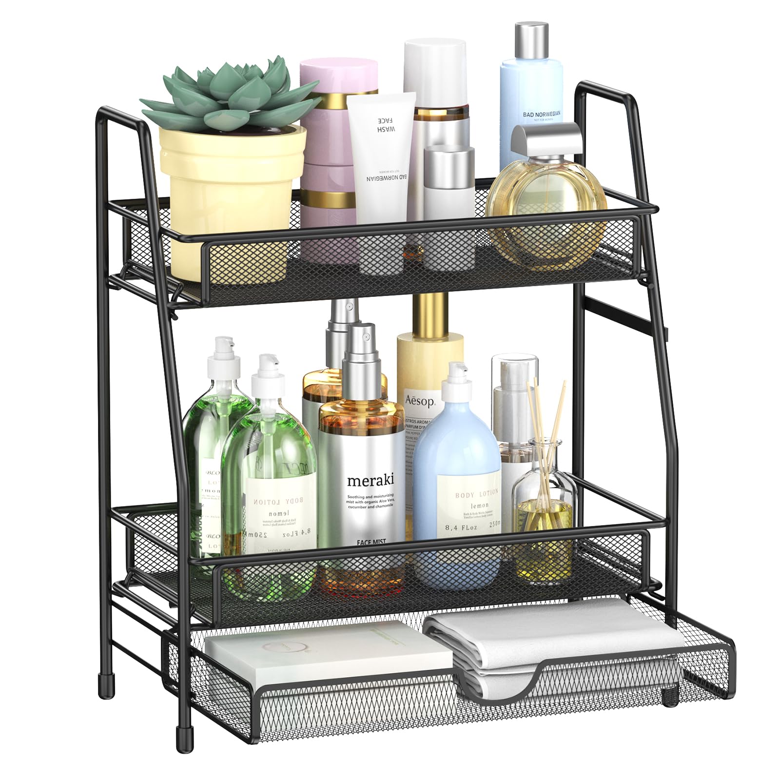 2-Tier Bathroom Organizers and Storage with Drawer, Bathroom and Makeup Organizer Countertop, Easy to Install, Ideal for Bathroo