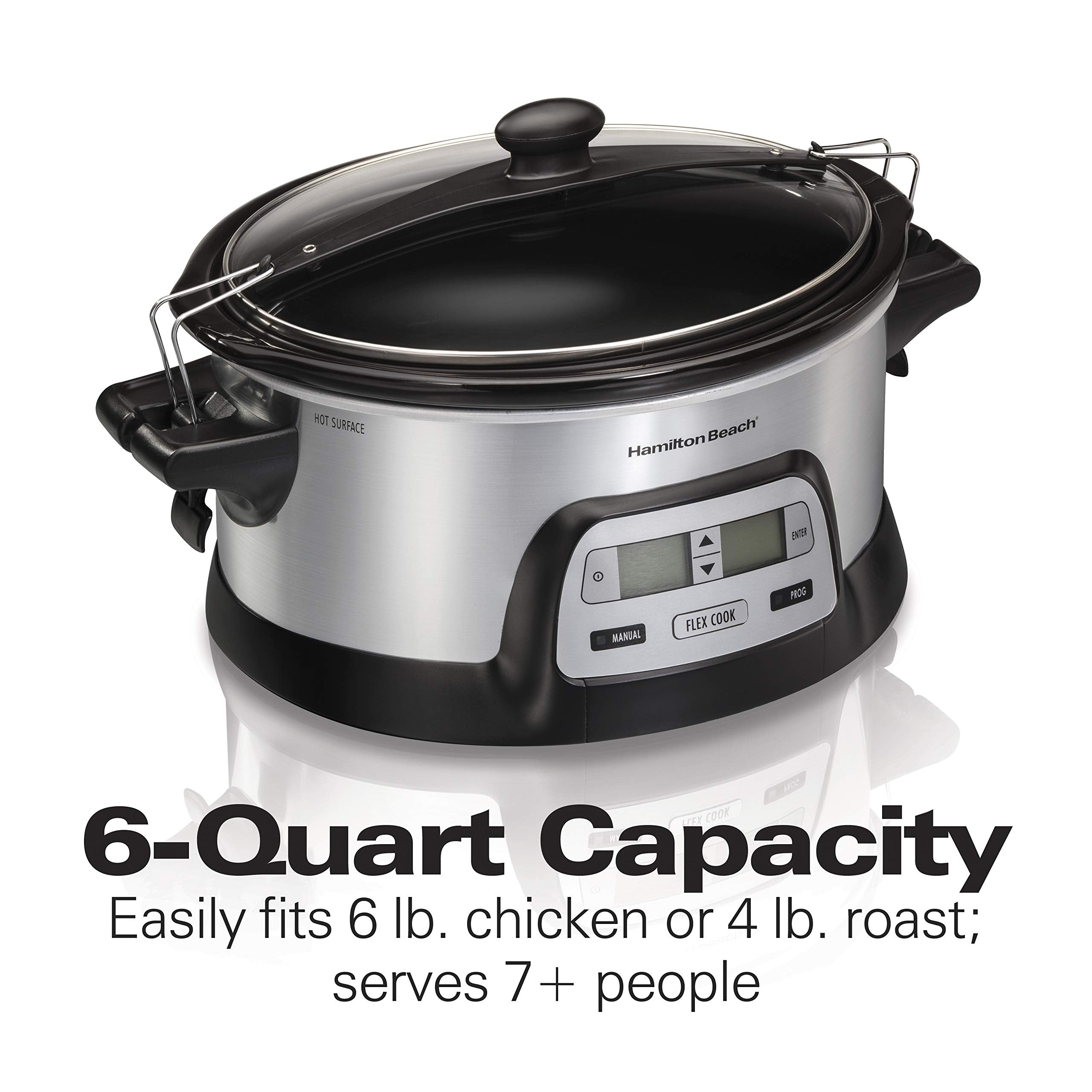 Hamilton Beach 33861 Portable Programmable Slow Cooker, Dishwasher Safe Crock, 6 Qt, Flexcook Dual Digital Timer/2 Heat Settings