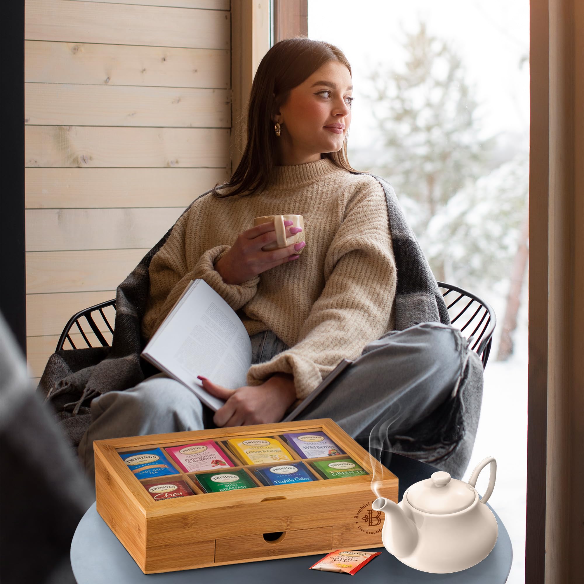 Bambsi Tea Bag Organizer - Bamboo Tea Box Organizer Storage Box, Tea Bag Holder With Acrylic Window, Magnetic Lid Keeps Tea Bags