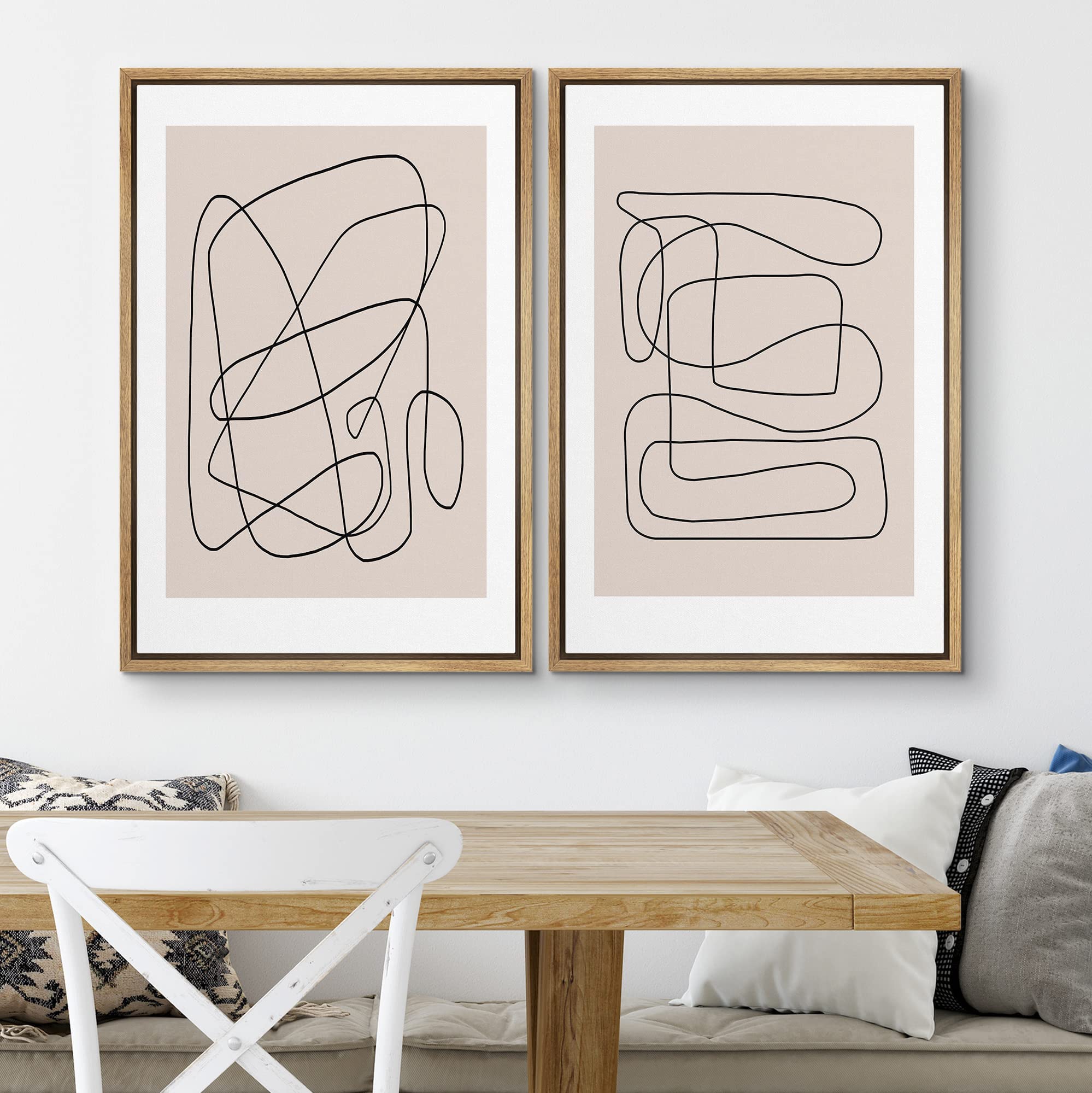SIGNWIN Framed Wall Art Print Set Line Art Thin Lines Over Plain Tan Background Abstract Swirly Digital Art Modern Art Mid-Century Modern for Living Room  Bedroom  Office - 16''x24''x2 Panels