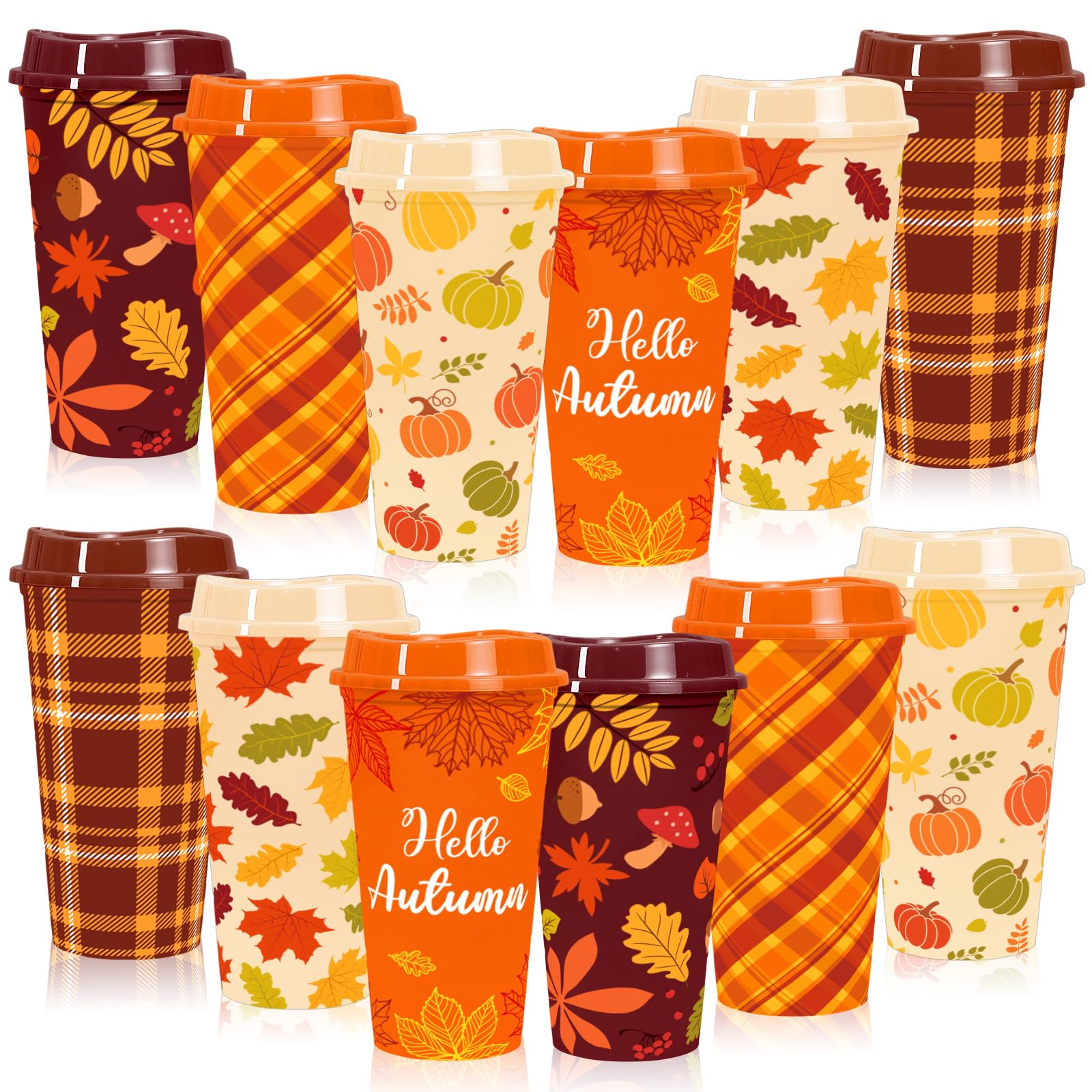 Whaline 12 Pcs 16 Oz Fall Reusable Coffee Cups with Lids Plastic Tumbler Autumn Pumpkin Plaid Maple Leaves Coffee Travel Mug for