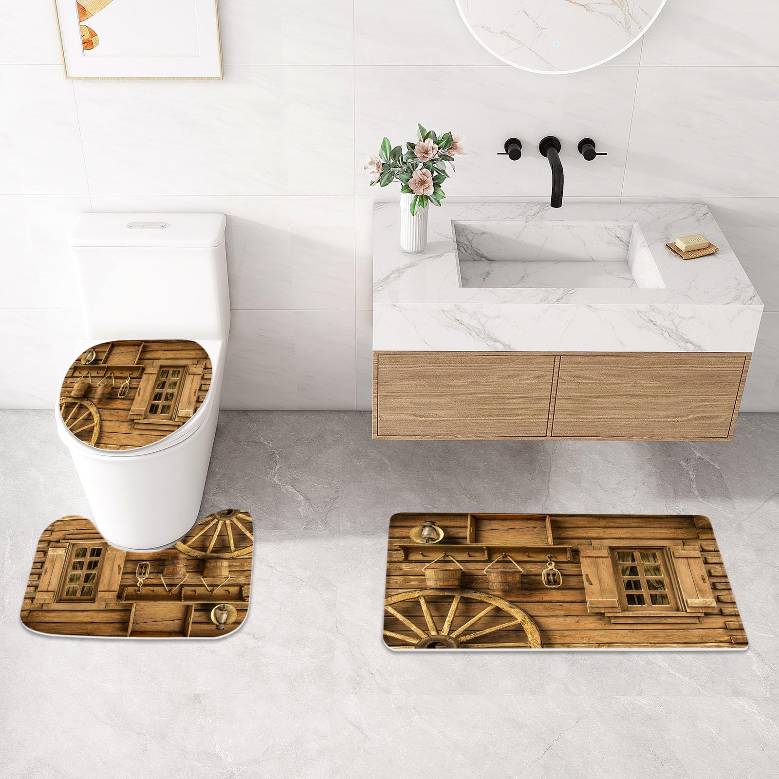 Litabel 4 Pcs Rustic Wooden Farmhouse Shower Curtain Set With Non-Slip Rugs, Toilet Lid Cover And Bath Mat, Farmhouse Bathroom D