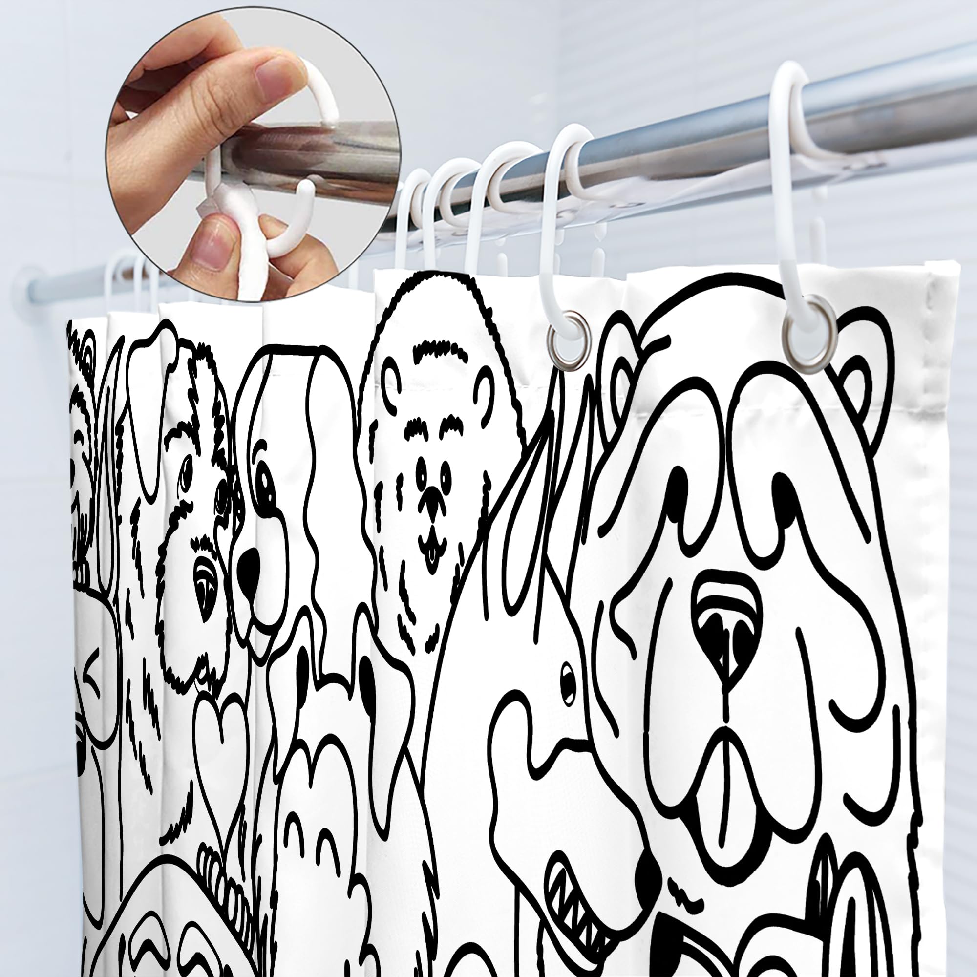 Svbright Funny Cute Dog Shower Curtain 72Wx72L Inch Cartoon Black And White Lovely Animals Silhouette For Kids Kawaii Cool Hilar