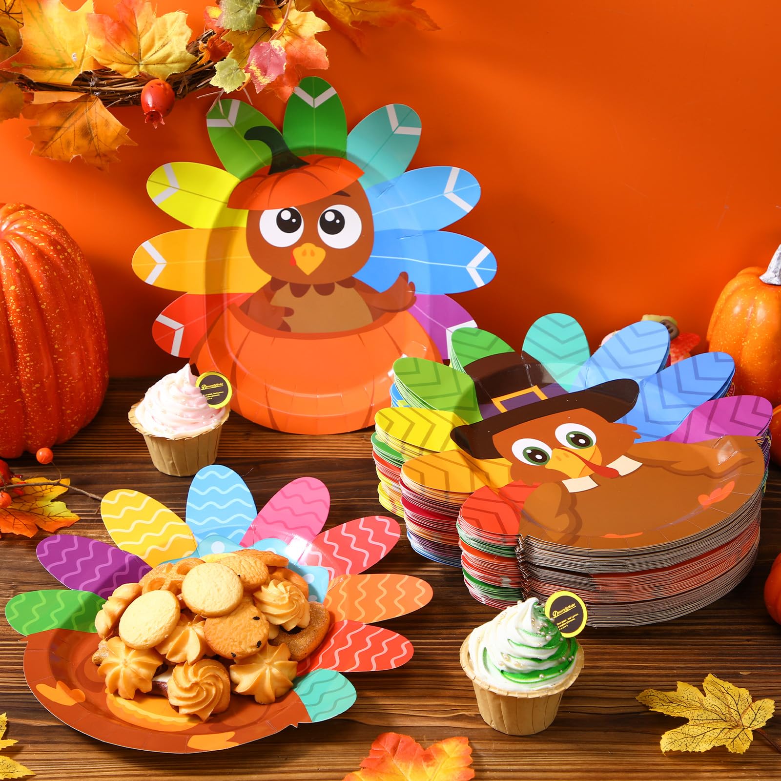 Umigy 90 Pcs Thanksgiving Paper Plates Fall Turkey Disposable Plates Fall Party Dinnerware Turkey Pattern Decorative Tableware f
