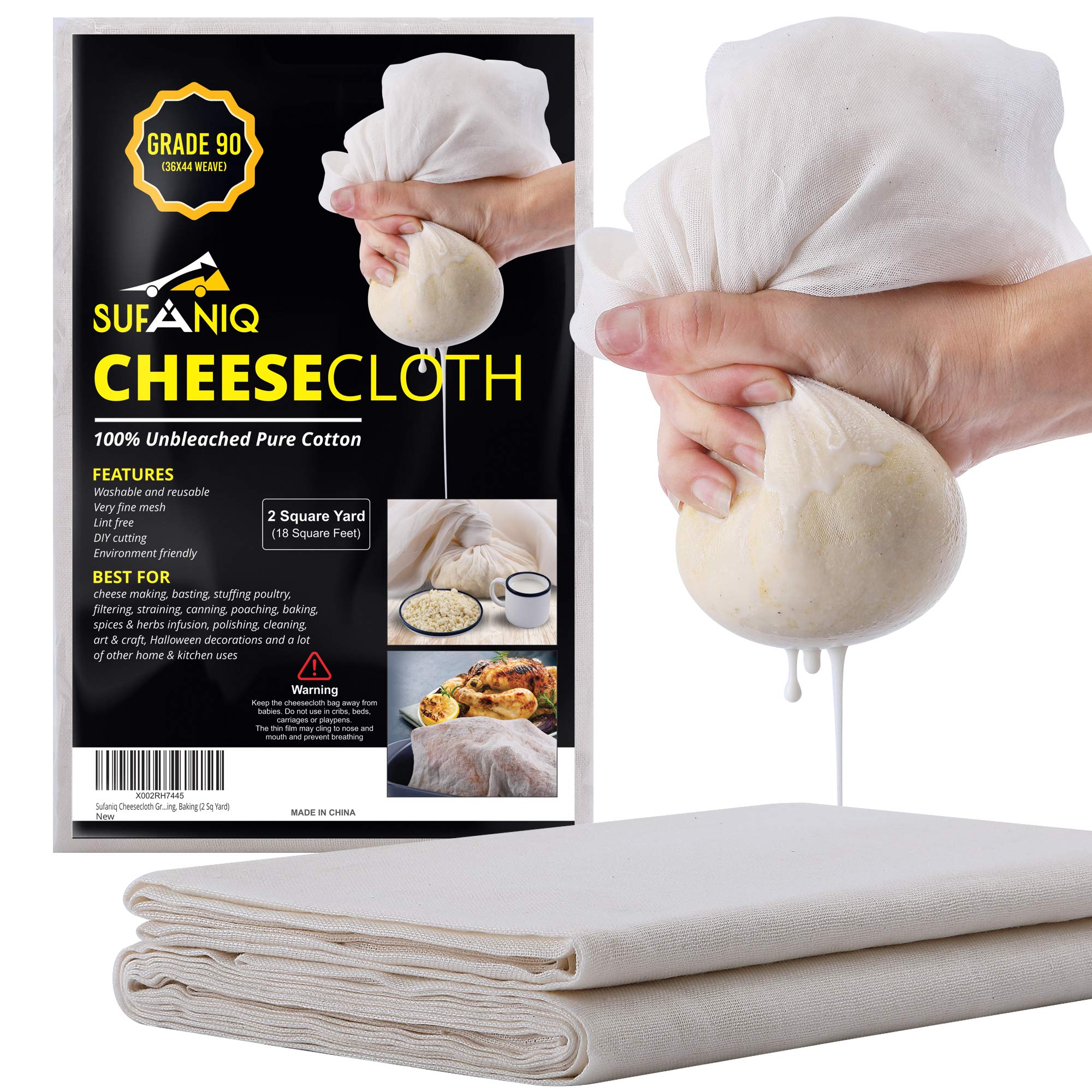 Sufaniq Cheese Cloths, Grade 90 (18 Sq Feet) 100% Pure Cotton Reusable Cheesecloth, Unbleached Ultra Fine Fabric, Cheesecloth Fo