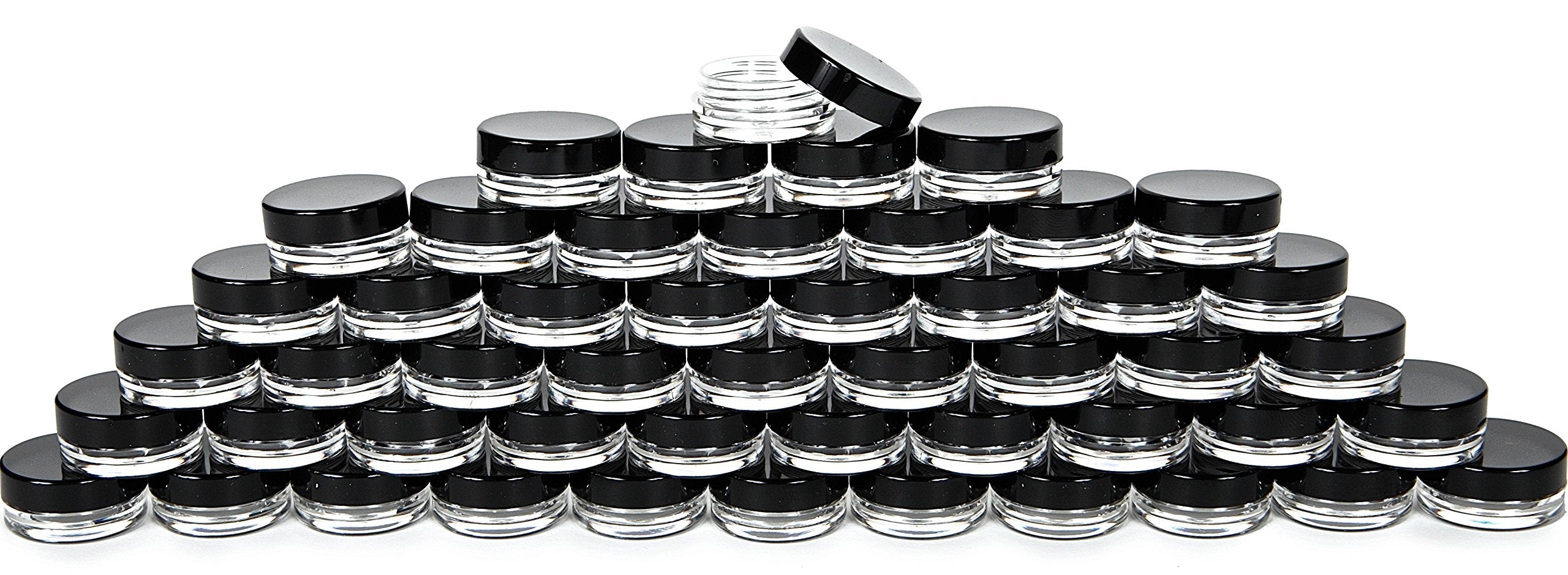 Vivaplex, 50, Clear, 3 Gram Plastic Pot Jars, Cosmetic Containers, With Black Lids.
