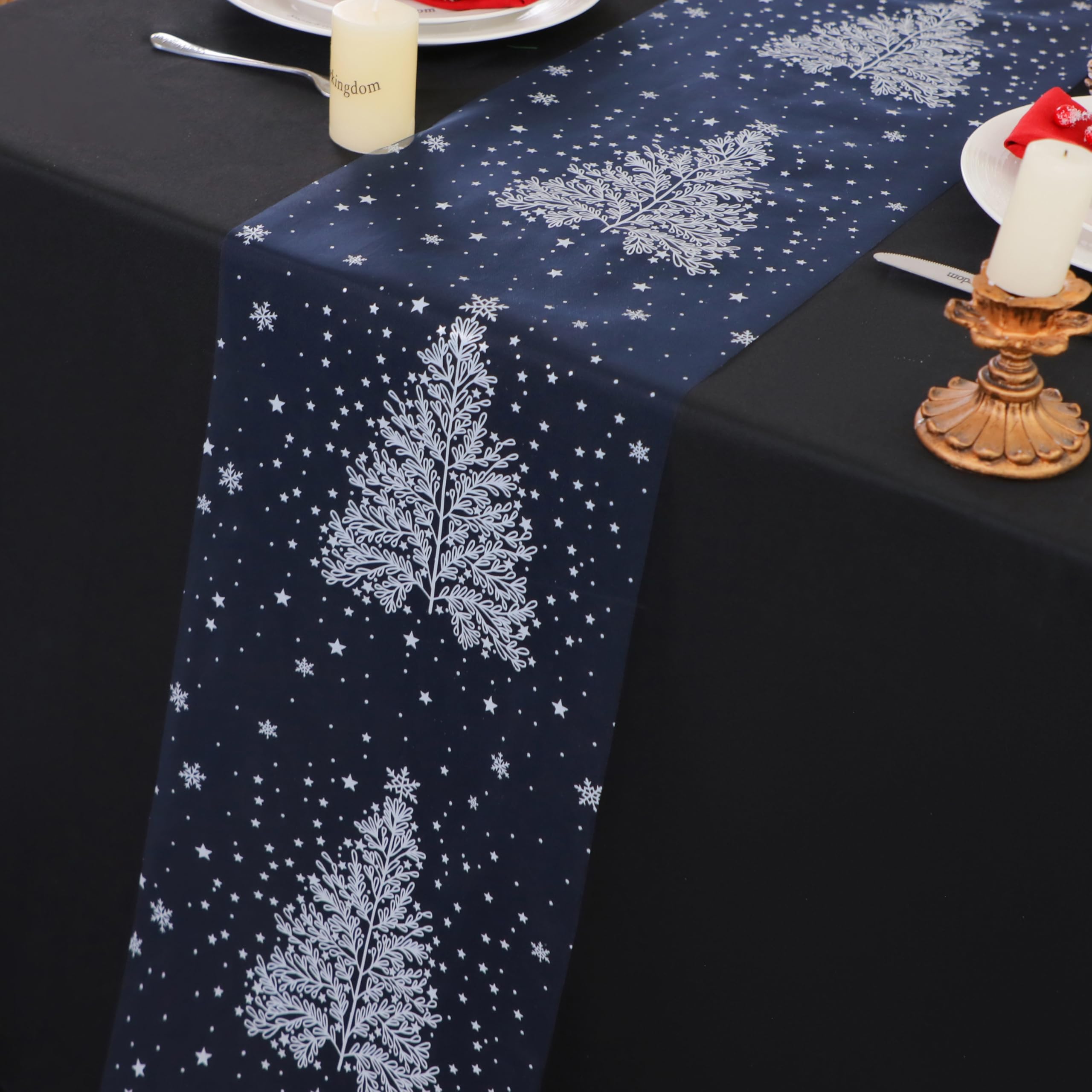 Snowkingdom Blue Christmas Table Runner, White Xmas Tree Snowflakes Table Runners Thin Mesh Lightweight 120 Inches Kitchen Dinin