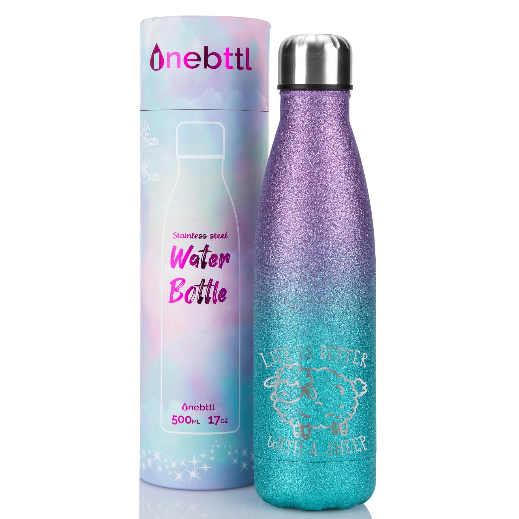 Onebttl Sheep Gifts, 17oz Stainless Steel Water Bottle, Blue & Purple Glitter with Laser Engraved Design  Life is Better with a
