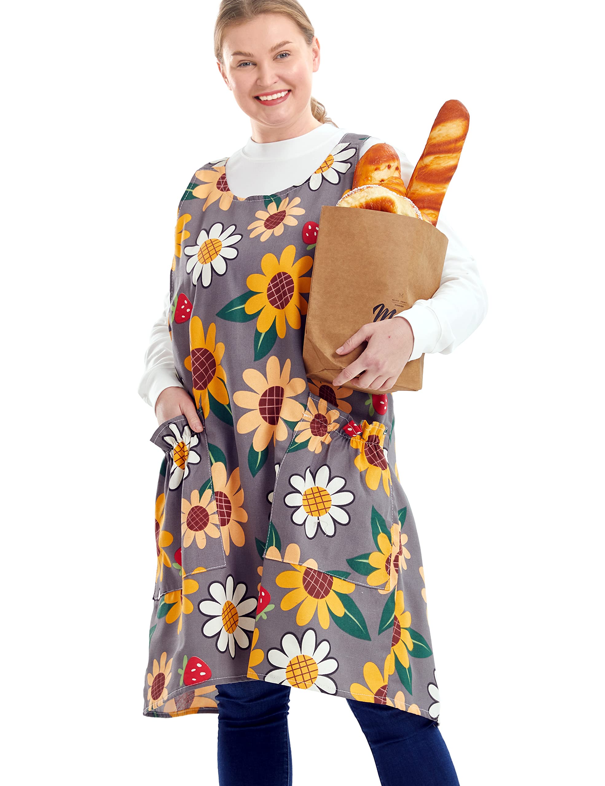 Apronner Cross Back Plus Size Linen Aprons For Women With Pockets Blend Dress For Baking Cooking Gardening Works Sun Flowers