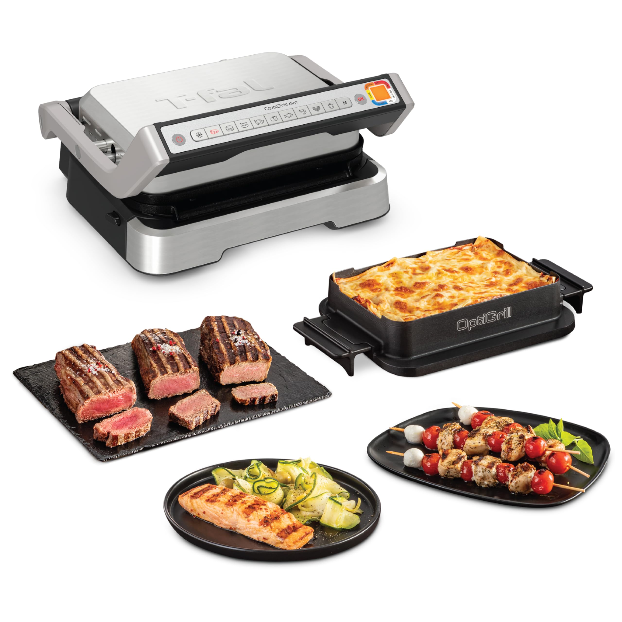 T-fal, Electric Grill, OptiGrill 4in1, Stainless Steel, 9 Automatic Cooking Modes, Intelligent Grilling Rare to Well-Done, 1800 