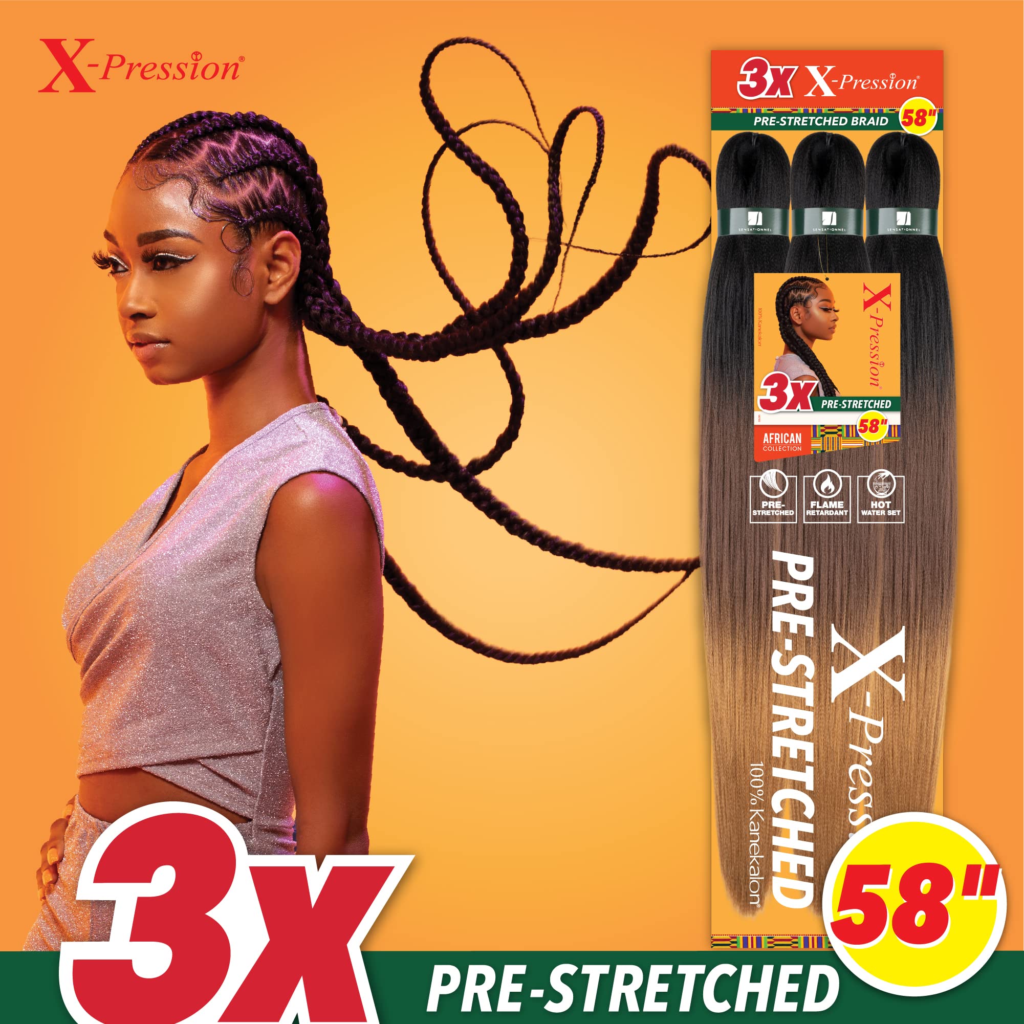 Sensationnel Xpression Prestretched Braiding Hair - Kanekalon Flame Retardant Smooth Yaki Braid Hair Extension 3X 58 Inch (2 Pac