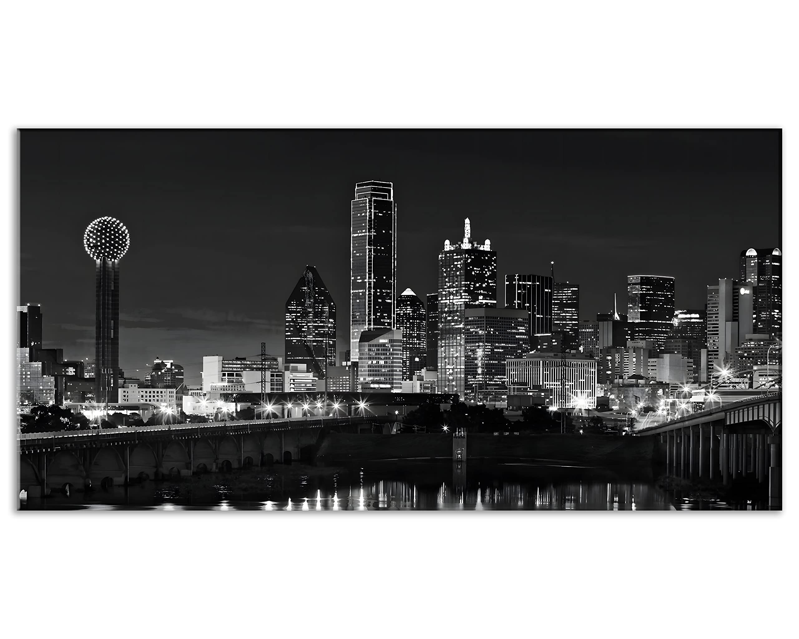 Nan Wind 1 Pcs Dallas Skyline Canvas Wall Art Black White Cityscape Night Scene Modern City Giclee Prints On Canvas Framed Urban