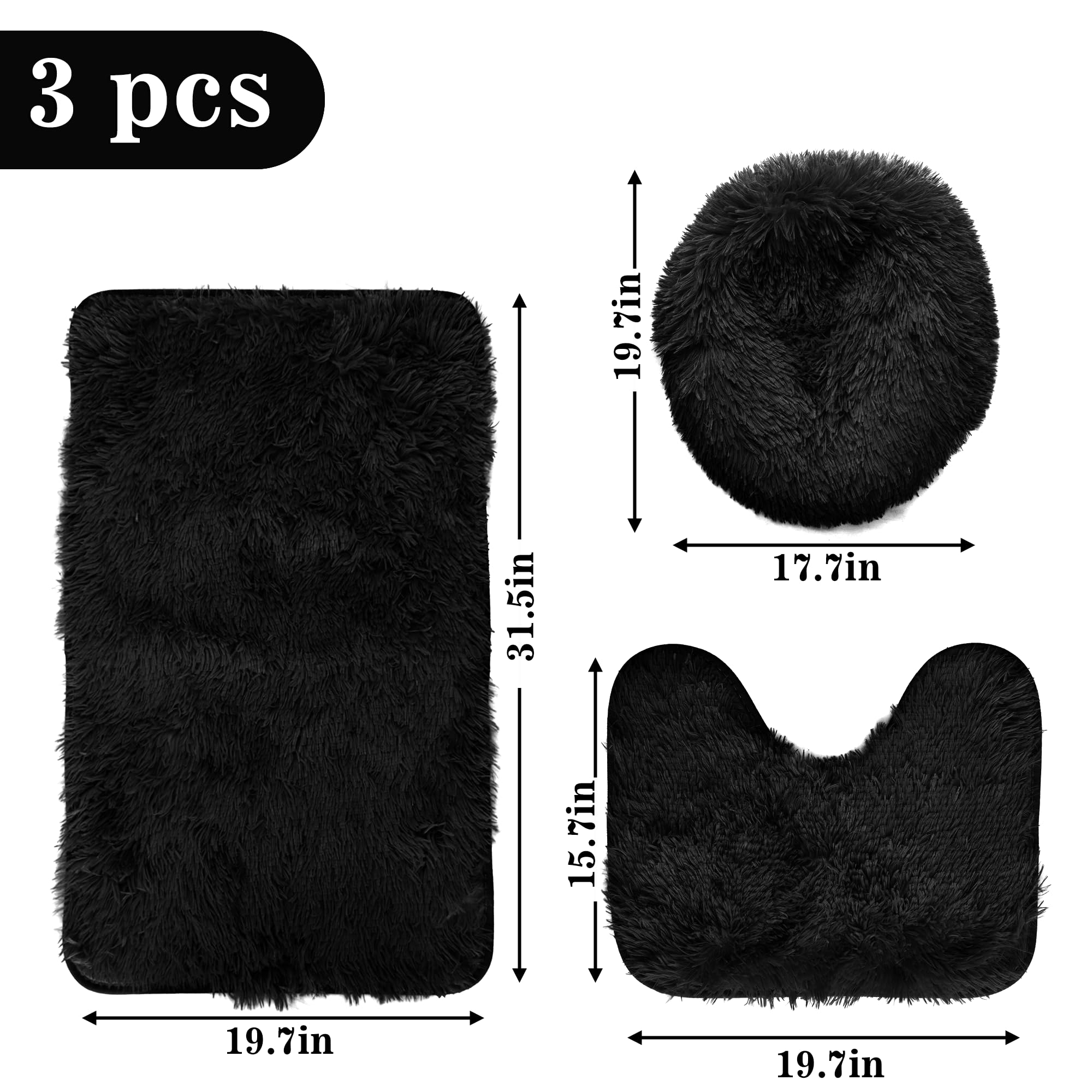 Eanpet Shaggy Bathroom Rugs Sets 3Piece Black Bath Mat For Bathroom Non-Slip Bathroom Mats Water Absorbent Bath Rug Floor Mats S