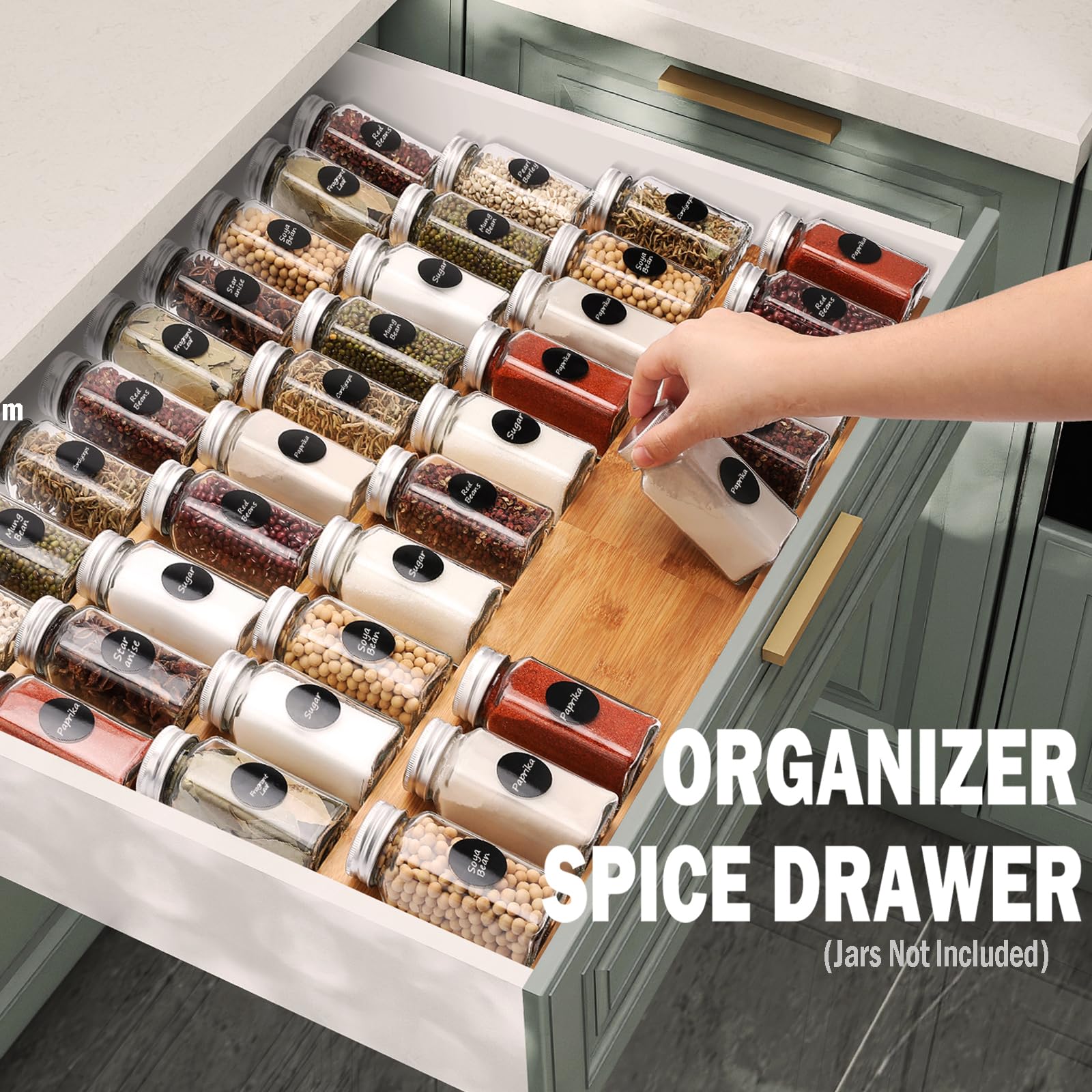 Bamboo Spice Drawer Organizer, 4 Tier In Drawer Spices Rack for Cabinet Drawer Expandable From 13'' to 26'', Stackable Seasoning