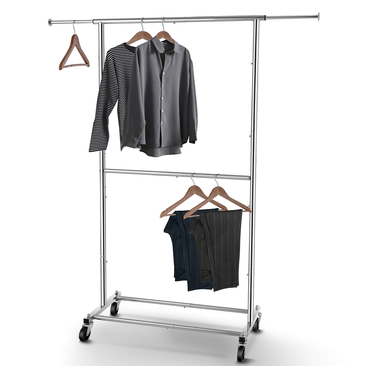 Simple Trending Double Rod Clothing Garment Rack, Rolling Clothes Organizer On Wheels For Hanging Clothes, Chrome