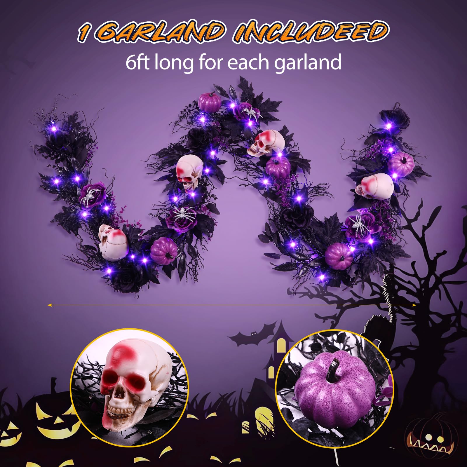 SHareconn 6FT Halloween Garland with Purple Lights Battery Operated and Timer, Pre-Lit Black Maple Leaves Garland Decorations fo