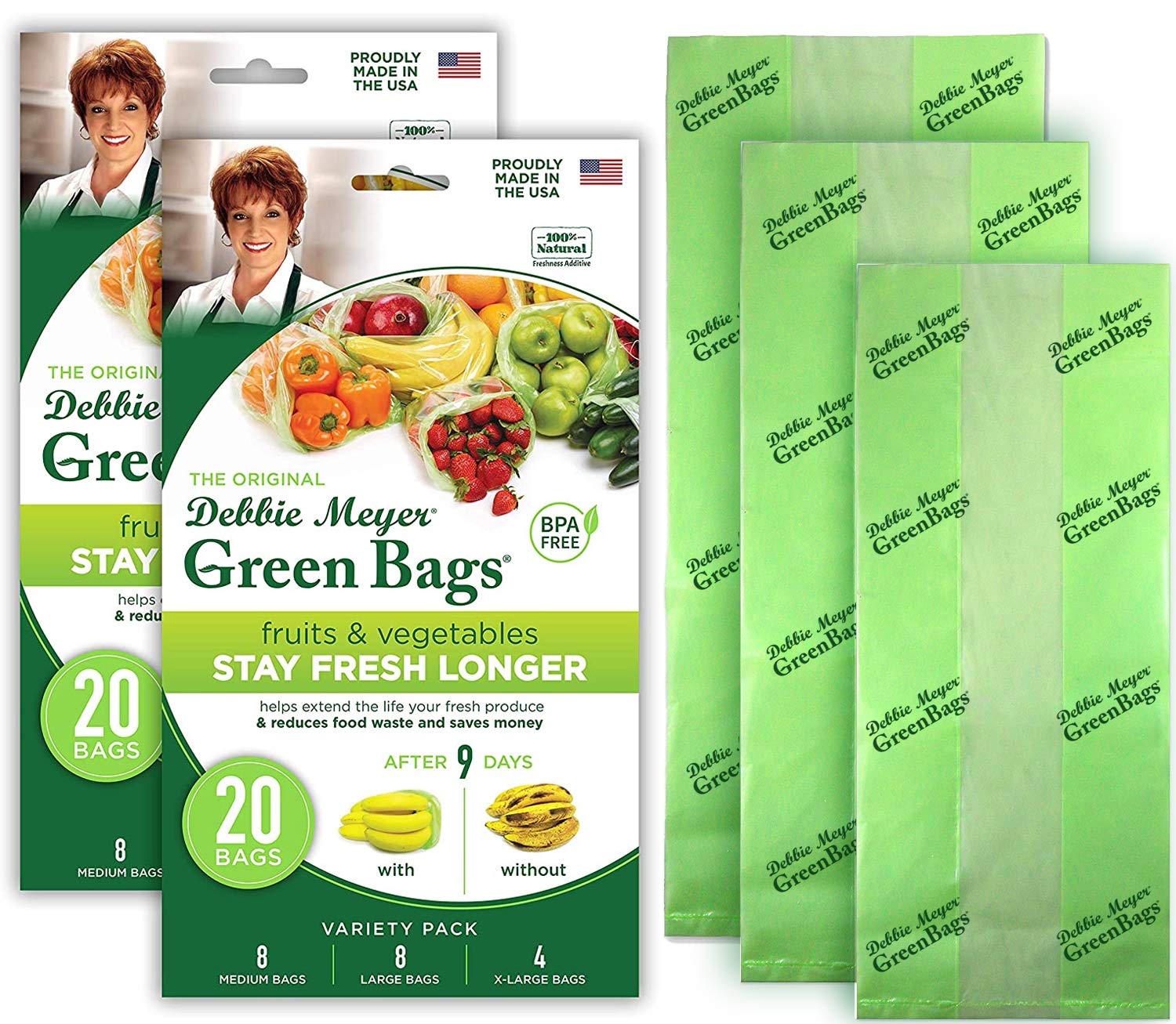 Debbie Meyer greenBags 40-Pack (16M 16L 8XL) - Keeps Fruits Vegetables and cut Flowers Fresh Longer Reusable BPA Free Made in US