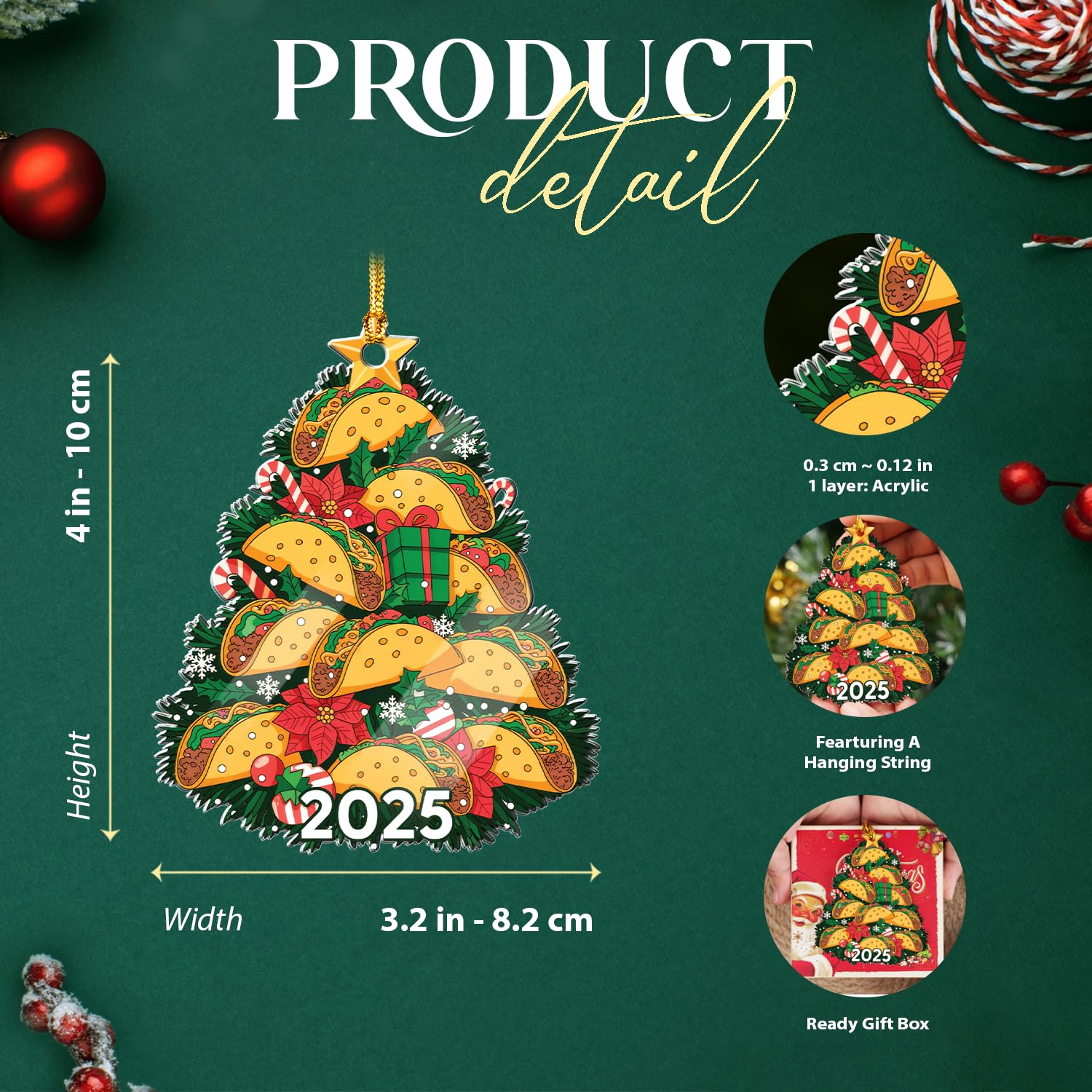 Taco Christmas Ornaments 2025 - Food Ornaments for Christmas Tree - Taco Gifts for Taco Lovers - Food Ornament Hanging Decoratio