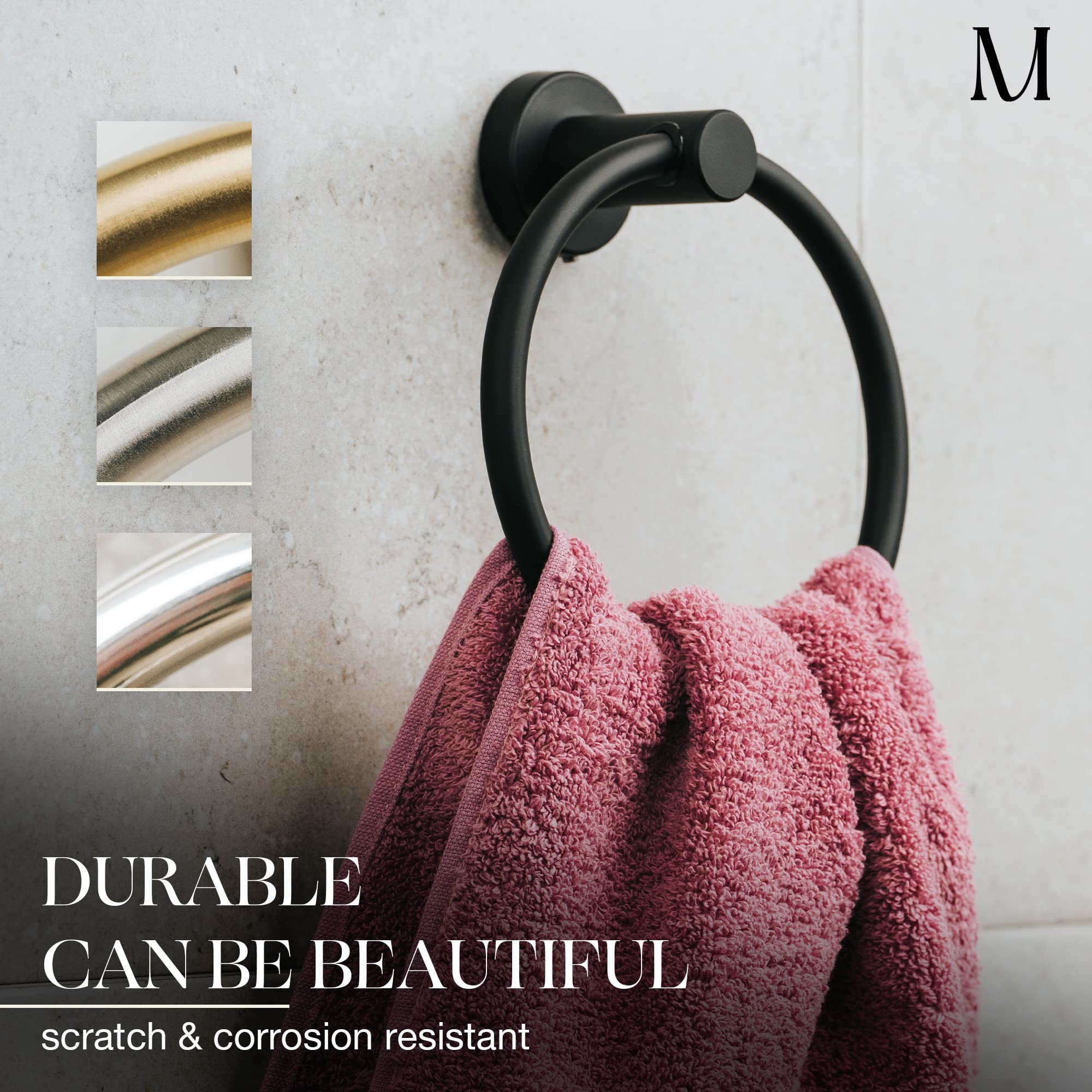 MARMOLUX ACC Matte Black Towel Rings (2 Pack) - Modern Hand Towel Holders for Bathroom Wall - Round Stainless Steel Bathroom Towel Racks - Black Towel Hangers for Bathroom.