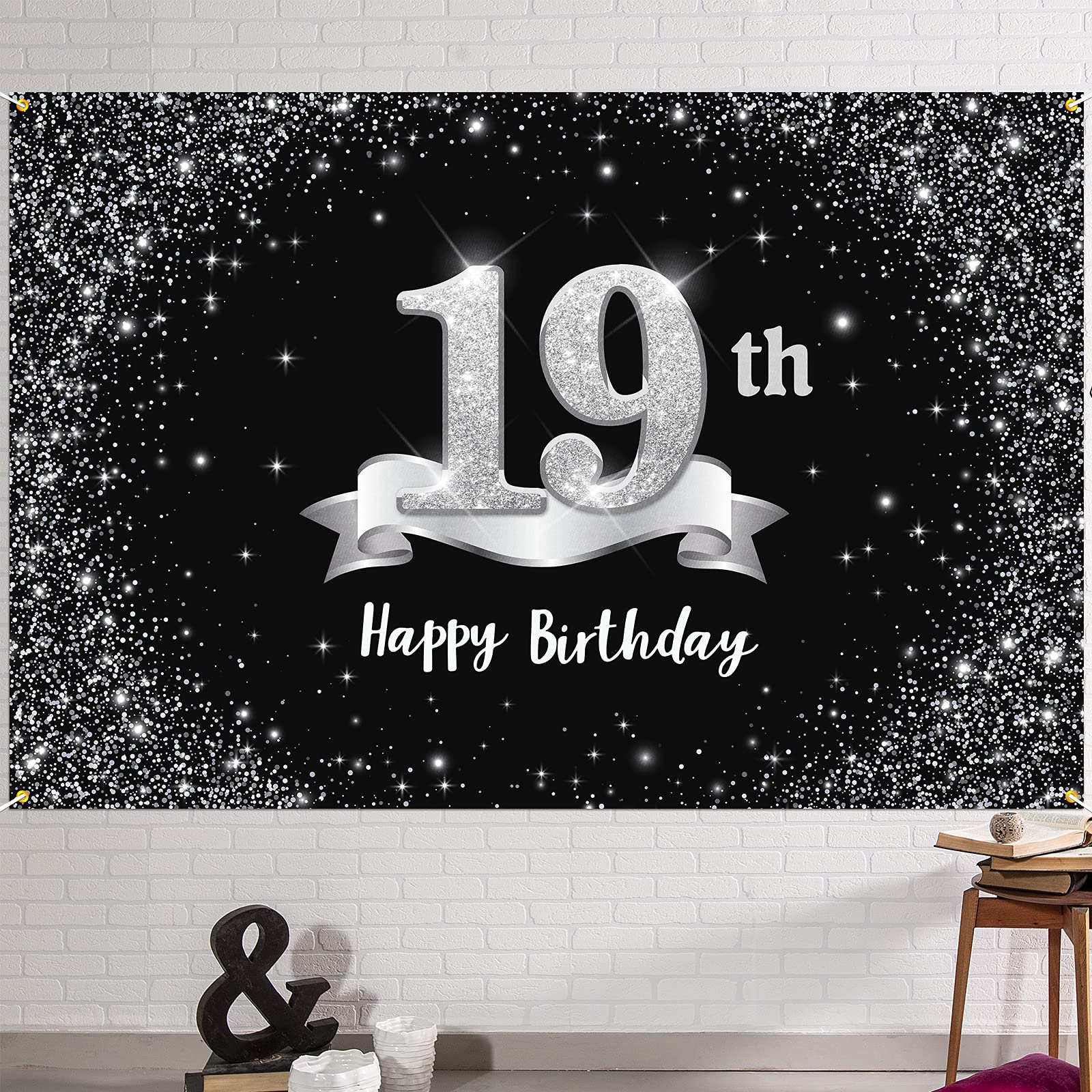 Hamigar 6X4Ft Happy 19Th Birthday Banner Backdrop - 19 Years Old Birthday Decorations Party Supplies For Women Men - Black Silve