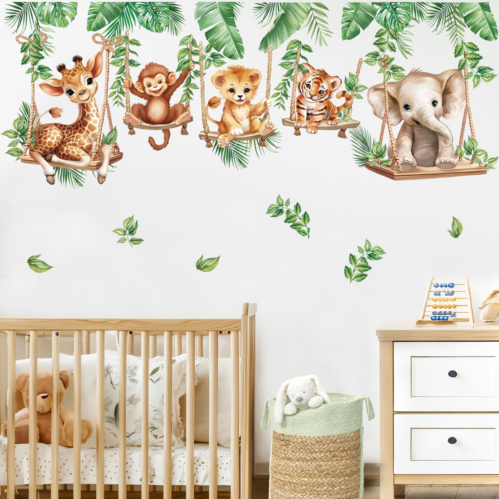 wondever Jungle Animal on Swings Wall Stickers Baby Lion Elephant Giraffe Tropical Leaves Peel and Stick Wall Art Decals for Chi
