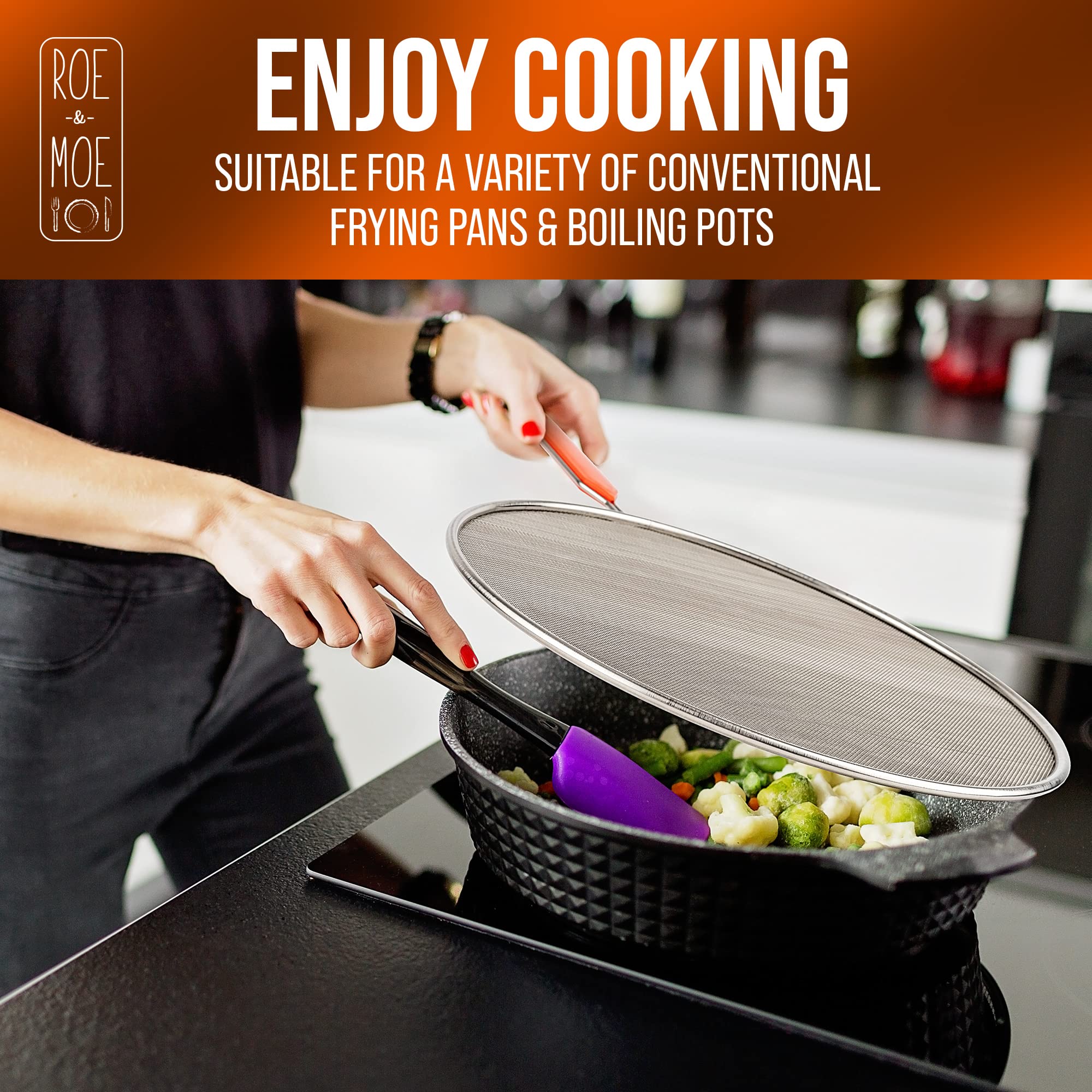 Roe & Moe Splatter Screens - Stainless Steel Splatter Screens For Frying Pan With Insulated Handles - Grease Splatter Guards For