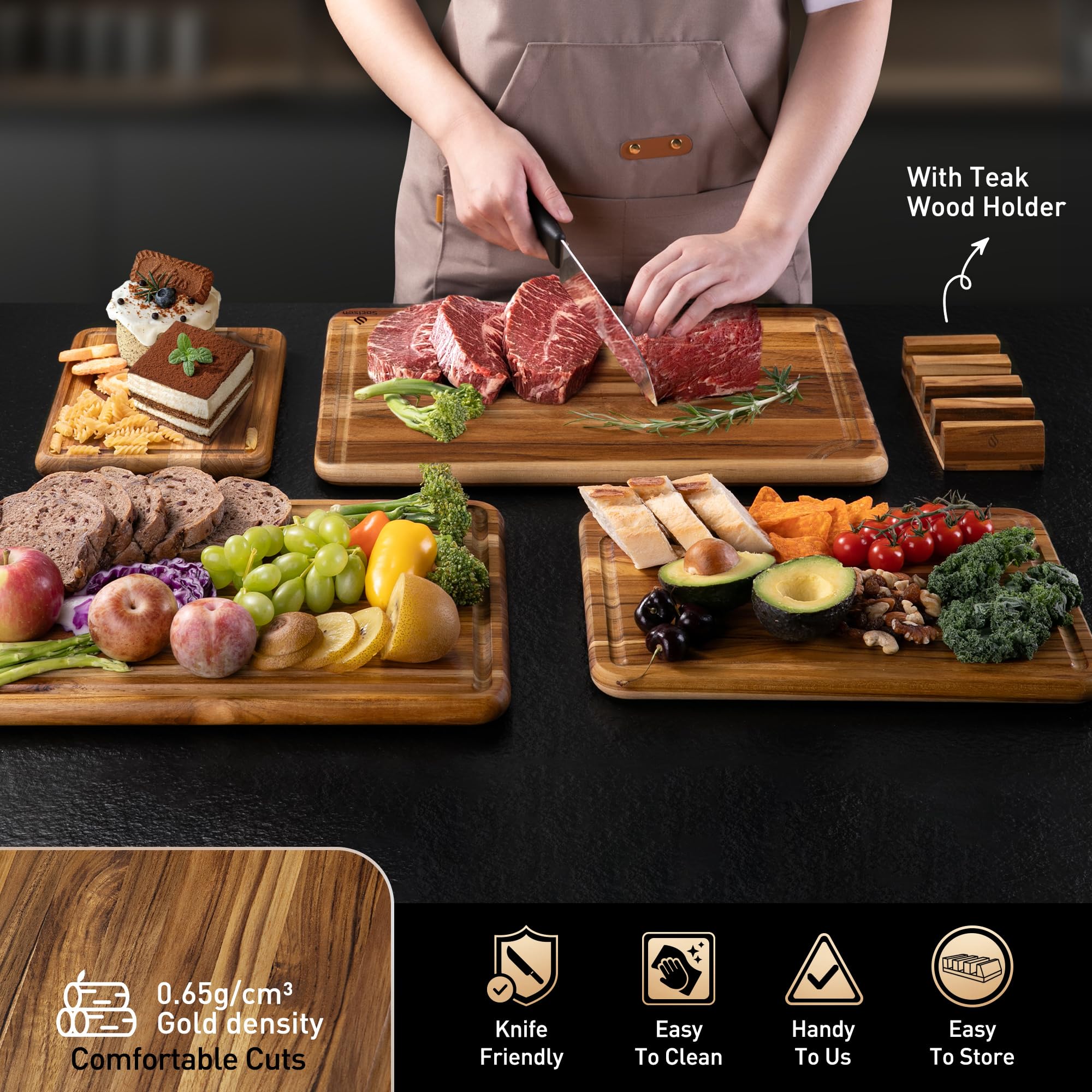 4 Pack Teak Wood Cutting Board Set for Kitchen Heavy Duty Non Toxic Non Slip Solid Thick Wood Haus Chopping Board Extra Large Bi