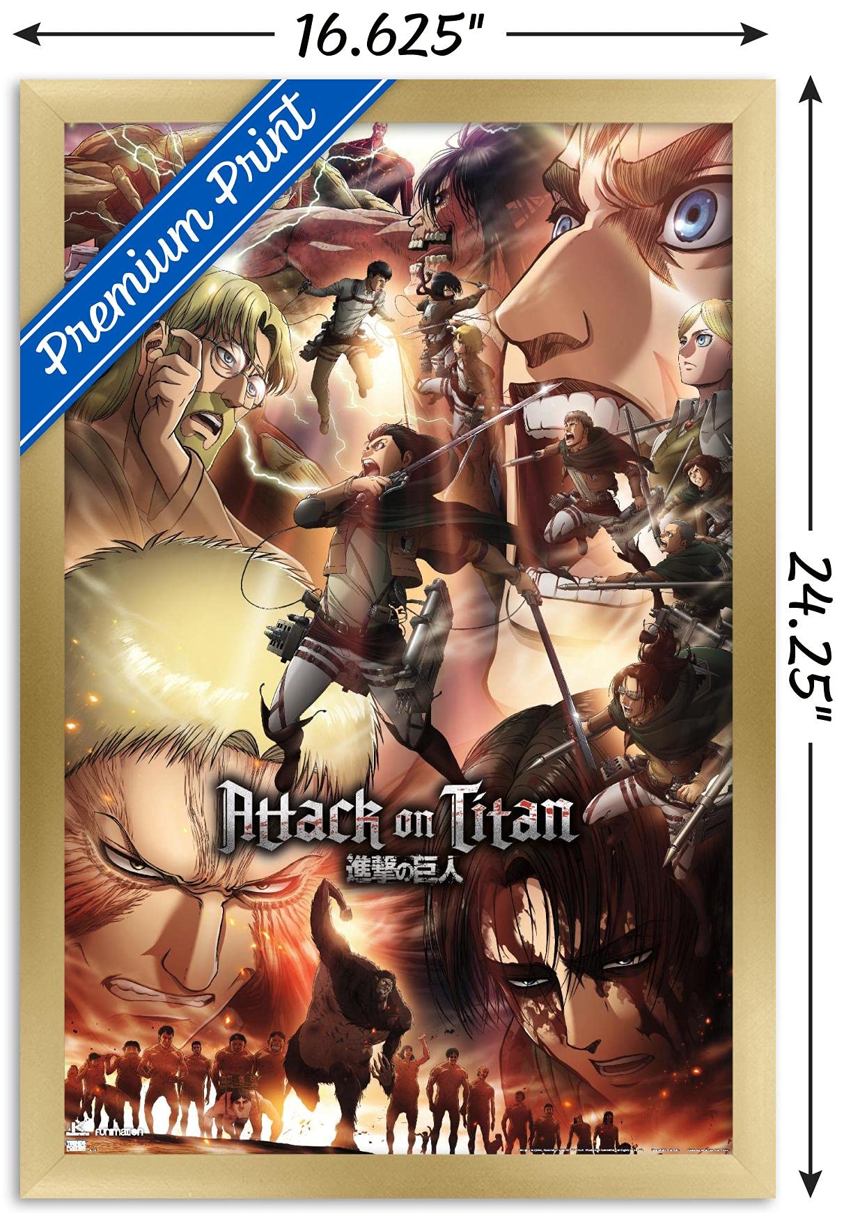 Trends International Attack On Titan: Season 3 - Key Art Wall Poster, 14.72'' X 22.37'', Gold Framed Version