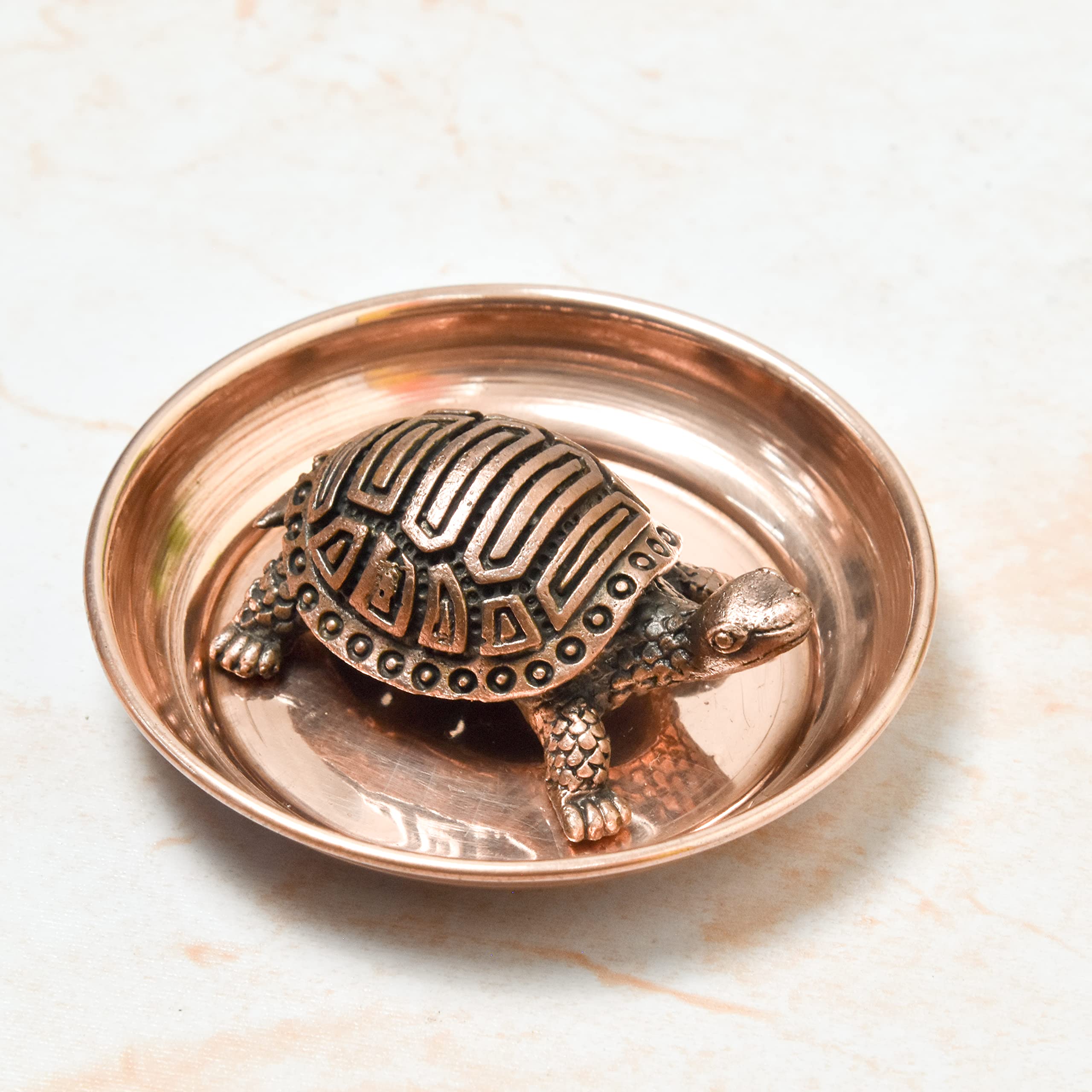 Copper Idols India Handmade Copper Kurma Tortoise With Plate | 0.6 Inch | Patina Antique Finish