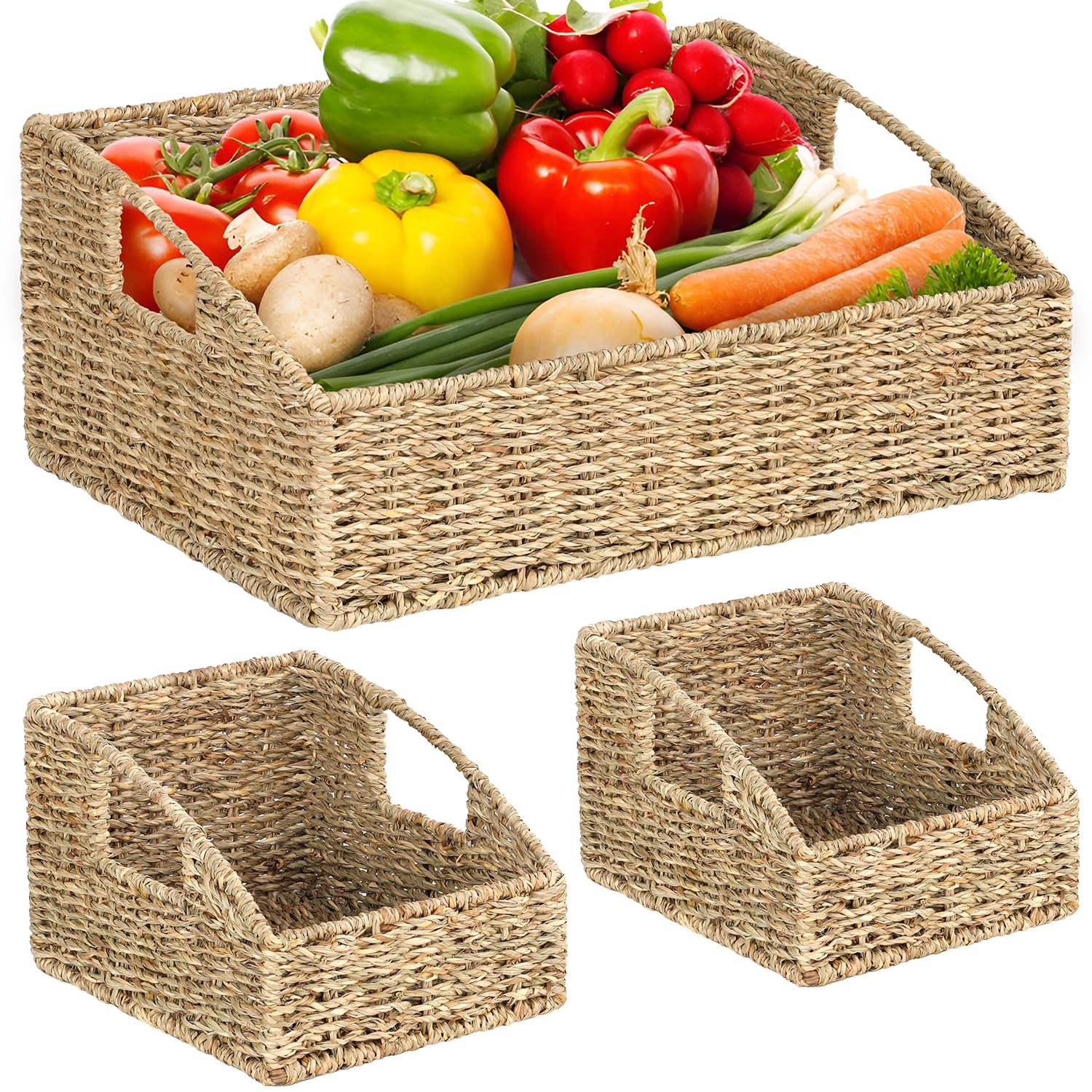 Set of 3 Handwoven Storage Baskets  Decorative Natural Wicker Organizer Bins with Builtin Handles for Bathroom, Kitchen, Pantr