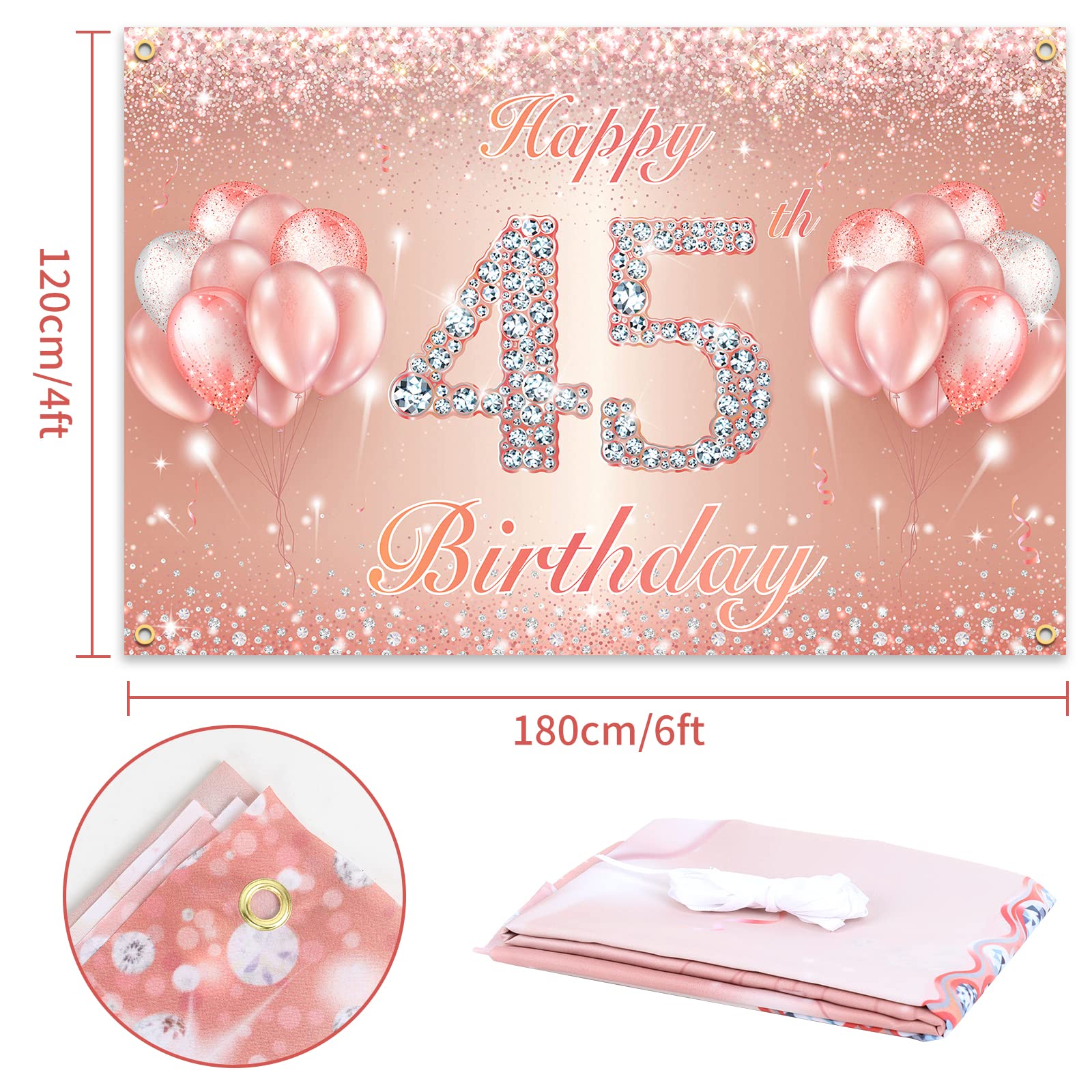 Happy 45Th Birthday Banner Backdrop - 45 Birthday Party Decorations Supplies For Women Or Men - Rose Gold 4 X 6Ft