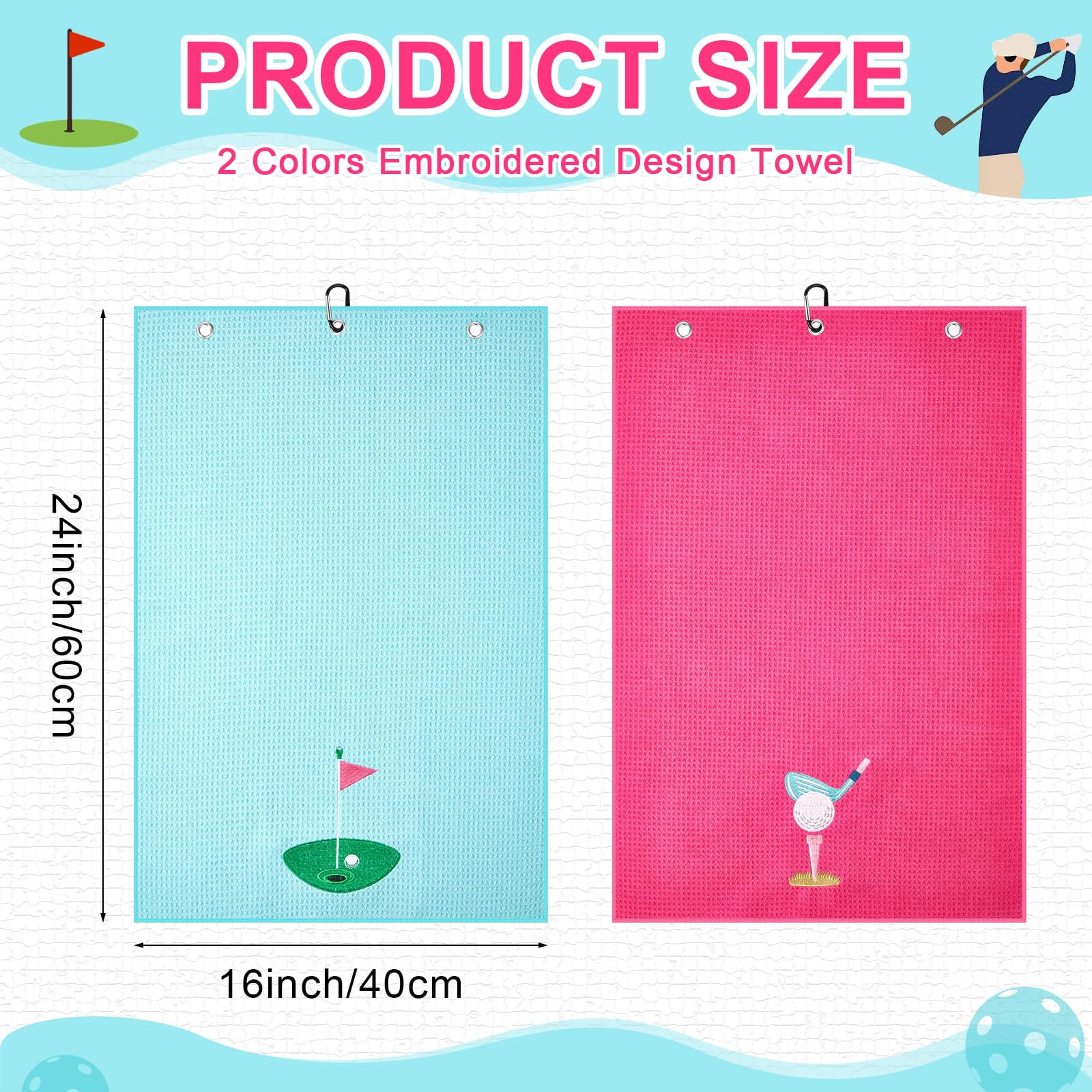Mindsoft 2 Pieces Funny Golf Towel Microfiber Embroidered Ball Towels for Women Ball Bags with Clips Accessories Waffle Pattern
