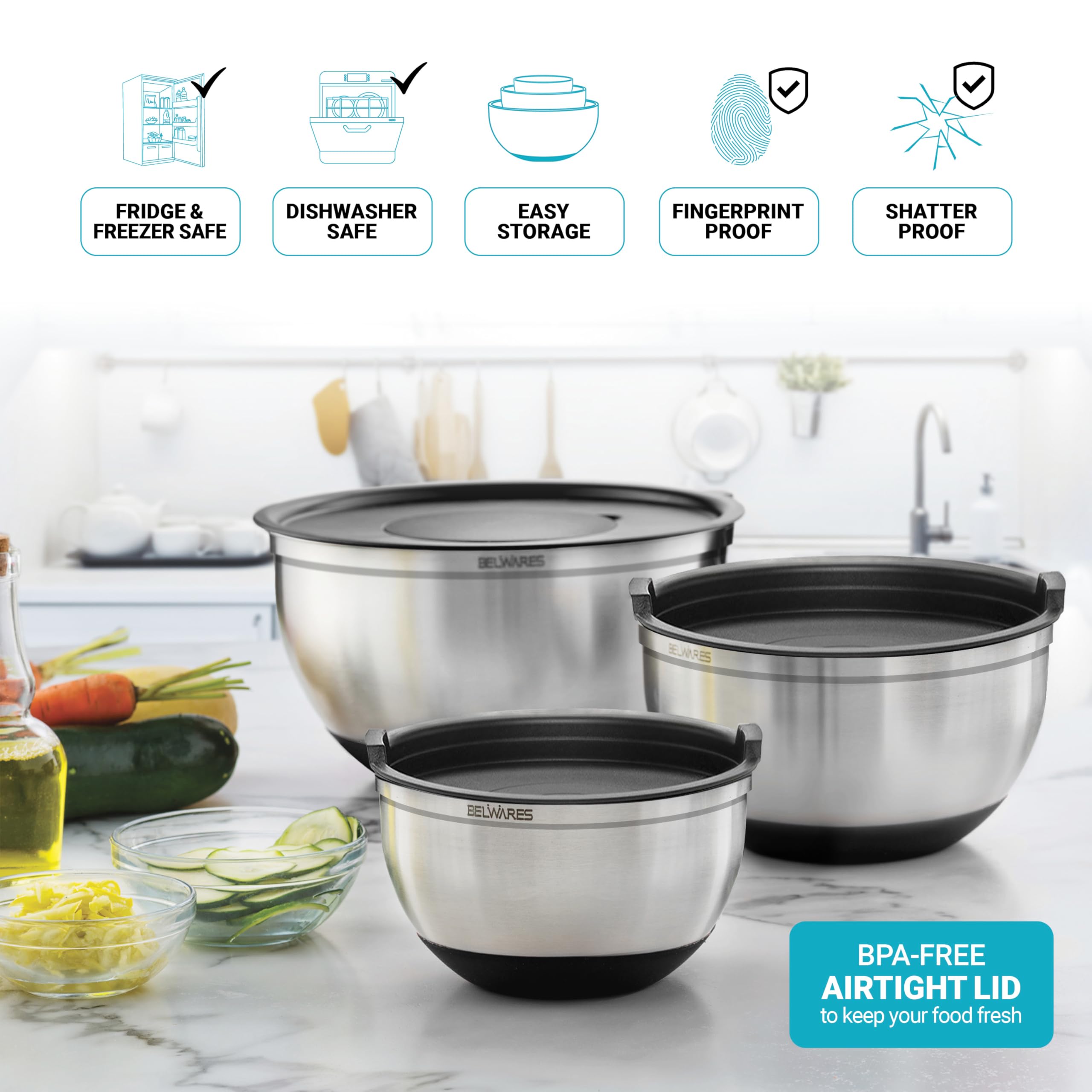 Belwares Mixing Bowls With Lids Set - Nesting Bowls With Graters, Handle, Pour Spout, Airtight Lids - Stainless Steel Non-Slip M