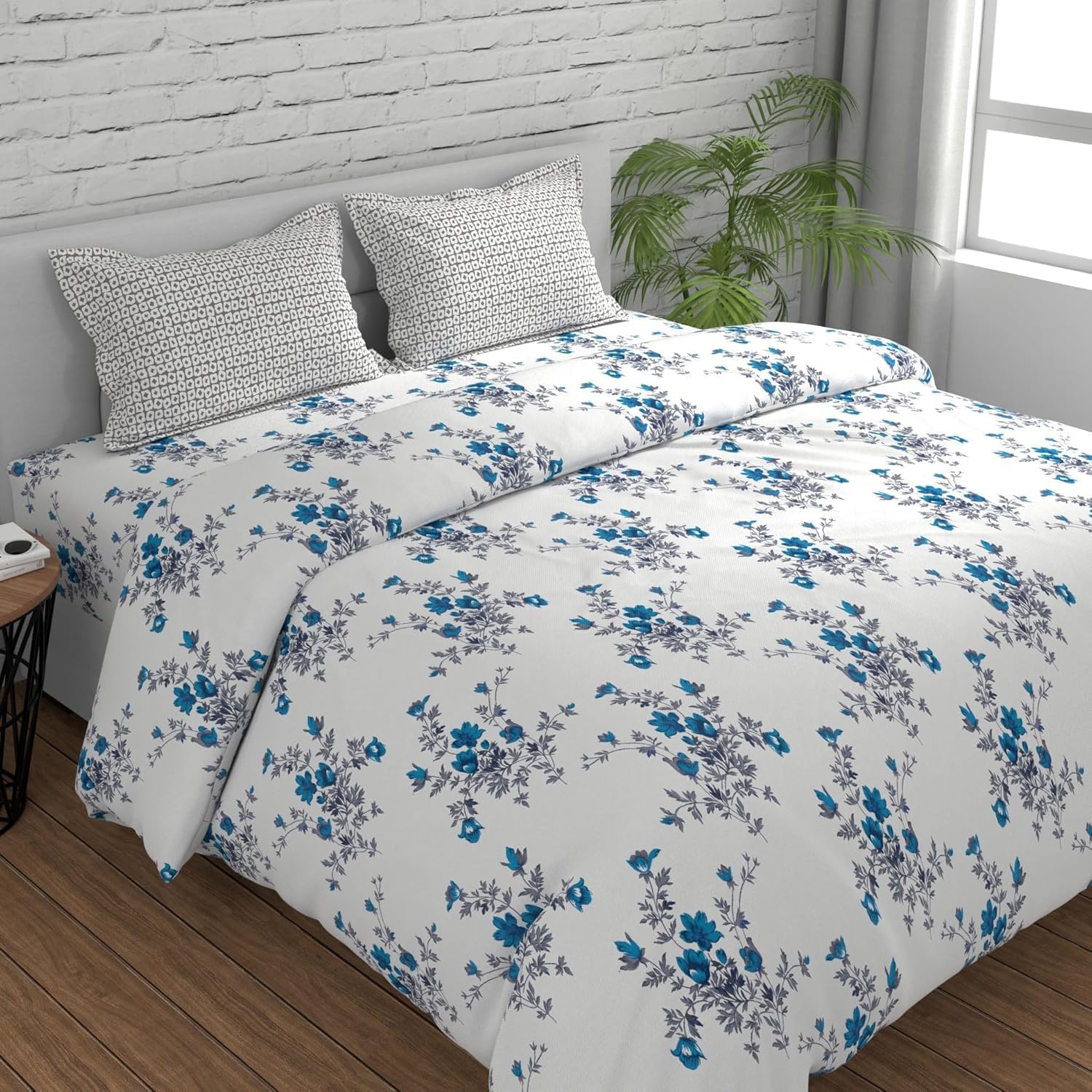 Huesland By Ahmedabad Cotton 144 Tc Bedsheet Queen Size Bed Cottonwith 2 Pillow Covers | White, Cyan Blue & Grey